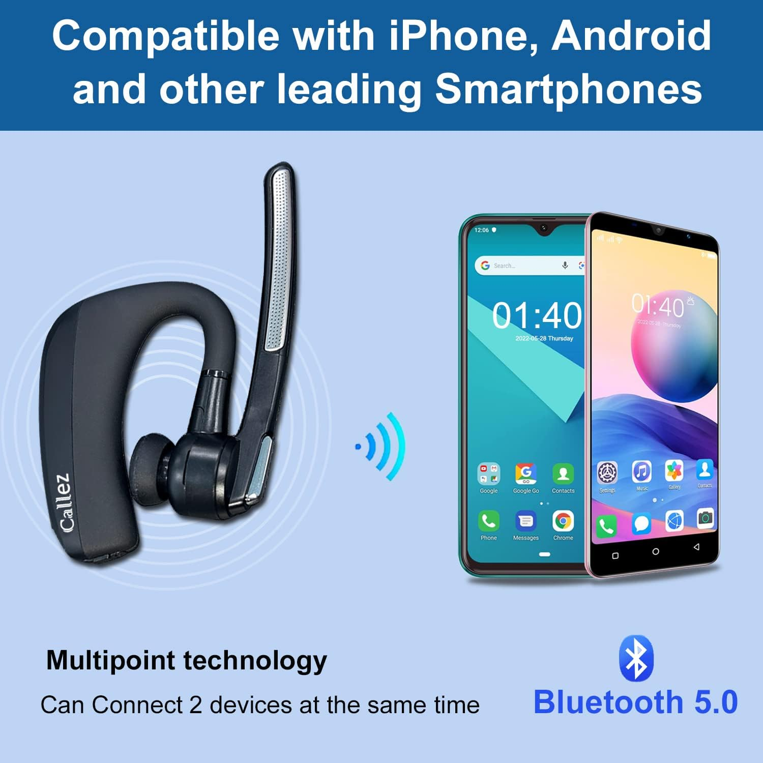 Bluetooth Headset with CVC8.0 Dual Microphone Noise Cancelling Wireless Headphones V5.0 Wireless Headset Mobile Phone for Iphone Samsung Smartphone Driving Business Office Clear Chat Super Light image number 3