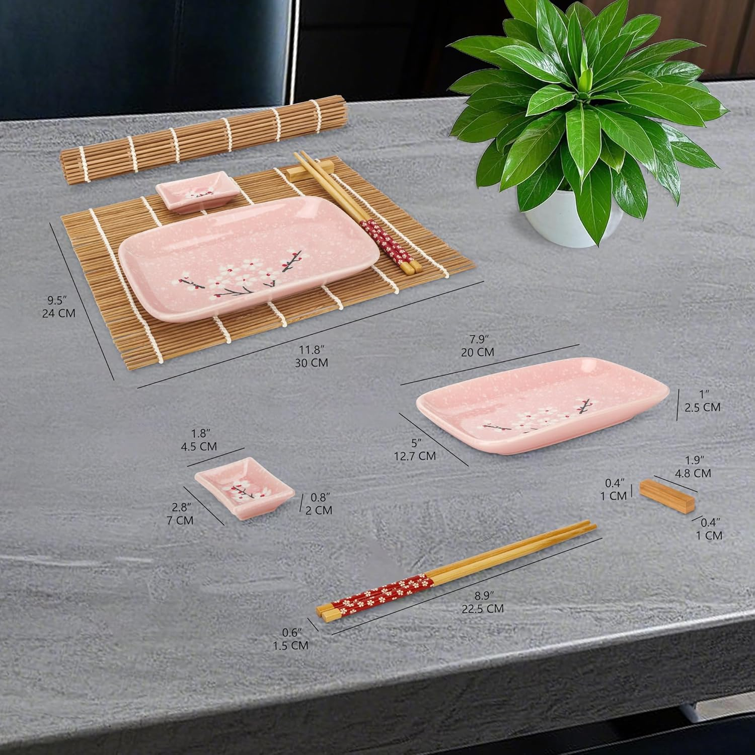 Exzact Sushi Plate Set 10Pcs - 2 X Sushi Plates, 2 X Dip Bowls, 2 X Placemats, 2 X Chopsticks Rests, 2 Pairs of Chopsticks - Highquality Porcelain - Gift Box - Pink image number 2