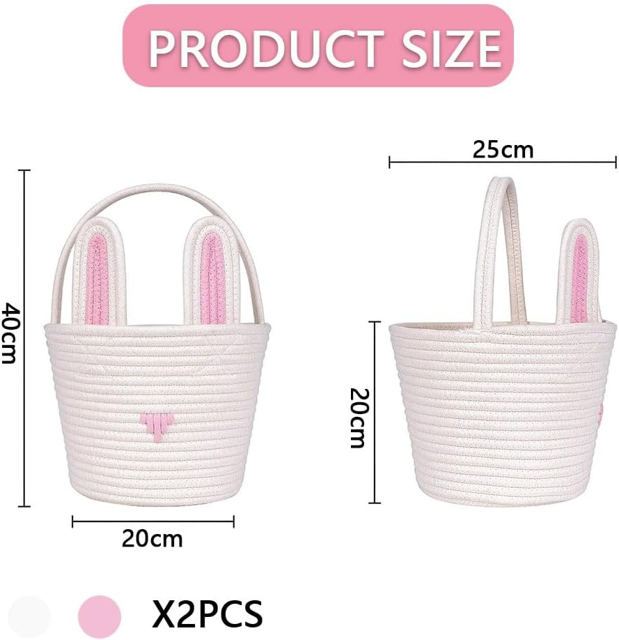 Bunny Basket Set for Kids & Babies &ndash; 2-Piece Handwoven Cotton Rope Easter Baskets with Ear Design &ndash; Soft & Safe for Egg Hunt, Ideal for Girls, Boys & Toddlers (Pink & White) image number 6