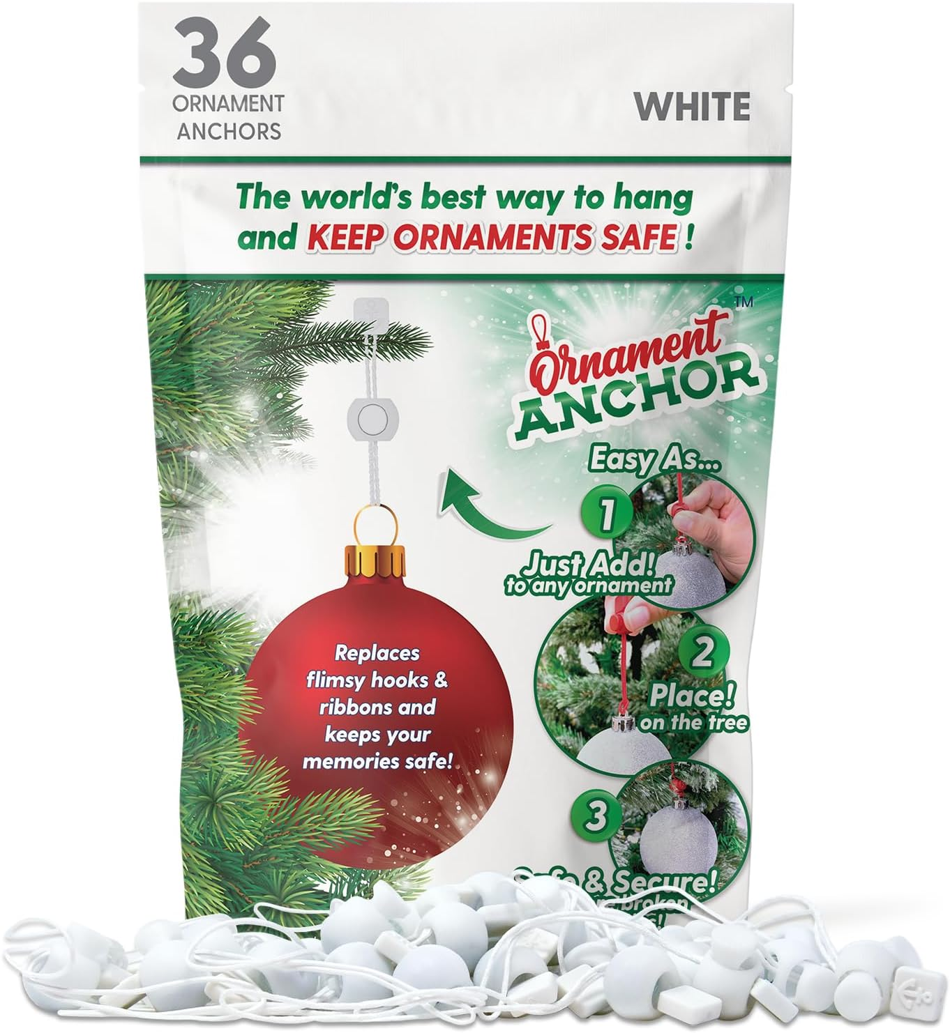 ORNAMENT ANCHOR Ornament Hooks for Hanging Christmas Decorations - No-Slip Hanging Hooks for Xmas - Heavy Duty Christmas Tree Ornaments Hanger Hooks for Small & Large Ornaments (Green, 24 Count)