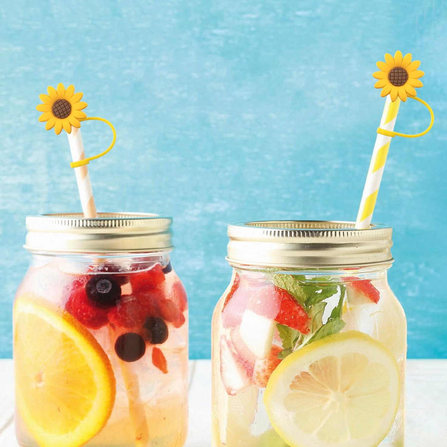 5 Pcs 0.3Inch Sunflower Straw Toppers Reusable Silicone Drinking Straw Covers Yellow Cup Dispenser Caps Dust-Proof Accessory image number 1