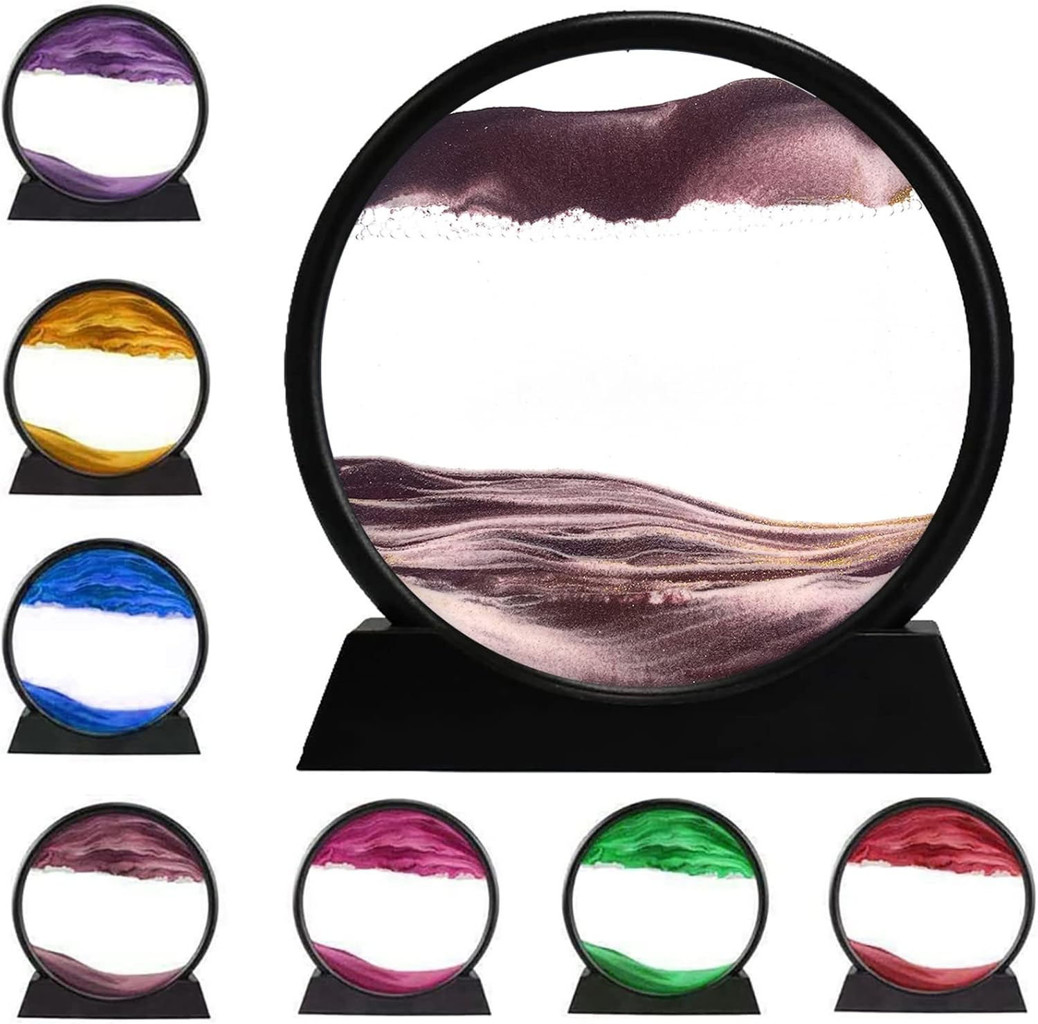 3D Dynamic Sand Art Liquid Motion, Moving Sand Art Picture round Glass 3D Deep Sea Sandscape in Motion Display Flowing Sand Frame Relaxing Desktop Home Office Work Decor (Purple, 7'')