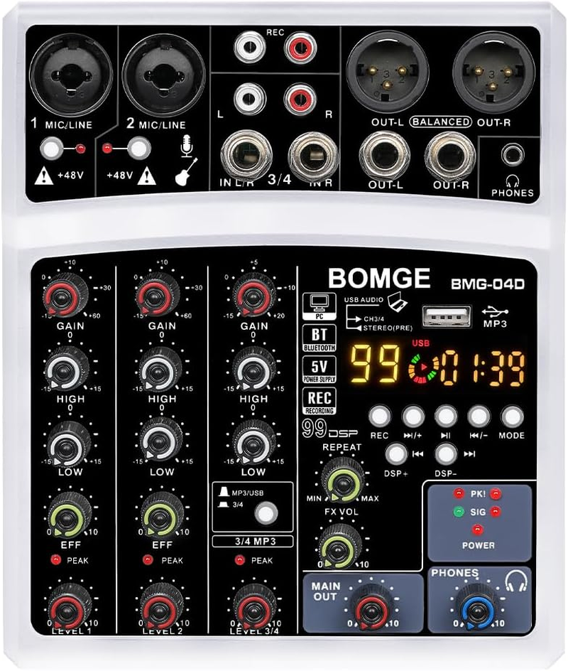 BOMGE 4 Channel 16 DSP Echo Dj Audio Sound Mixer Interface Mixing Console Karaoke with MP3 USB Bluetooth, Stereo Record(04D-White) image number 6