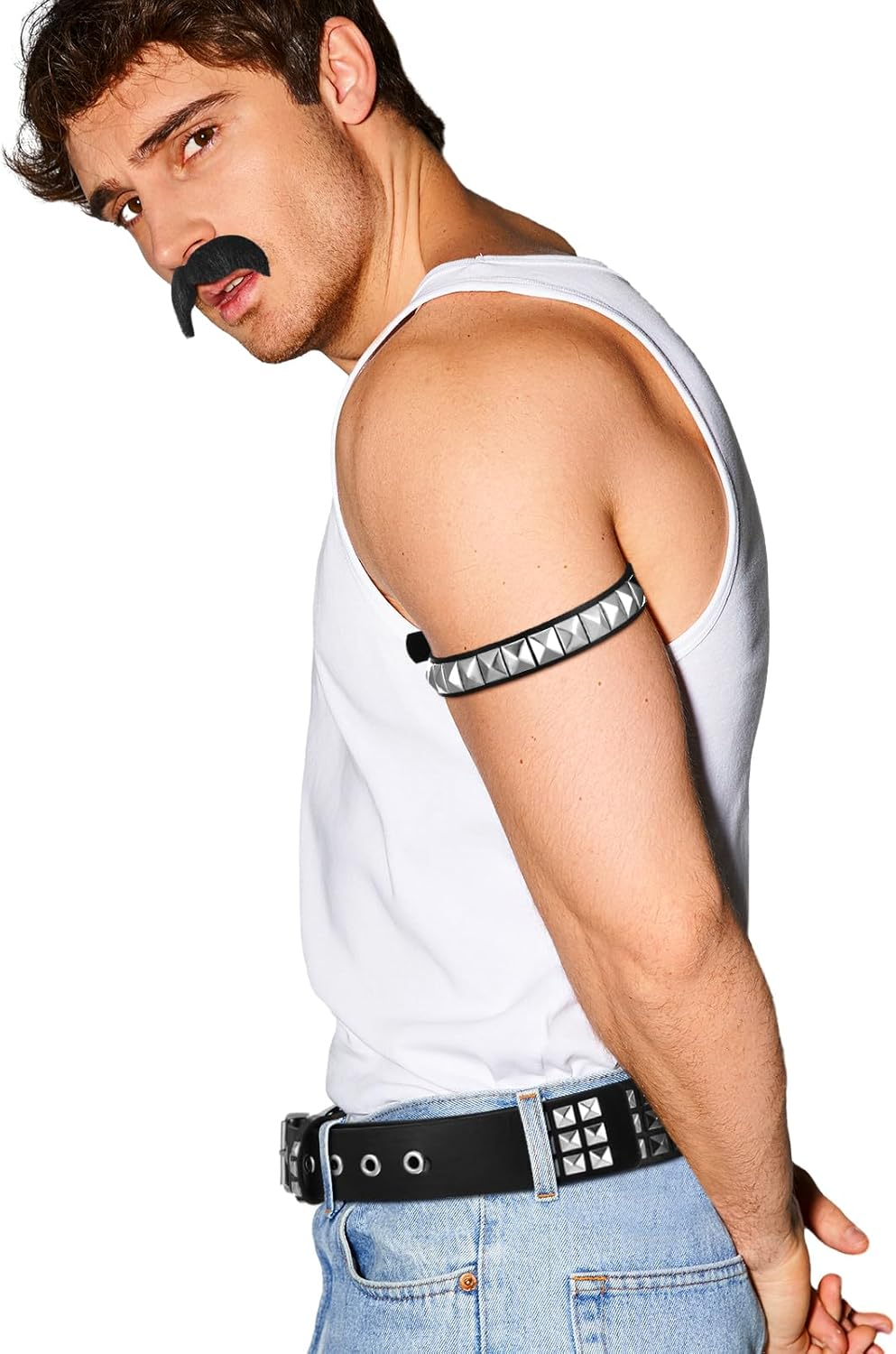 Rock Band Costumes Accessories Halloween Rocker Costume Studded Belt and Armband Self Adhesive Mustache 70S 80S 90S Metal Punk Rock Party Cosplay Gothic Rocker Accessory for Women Men, Black image number 2