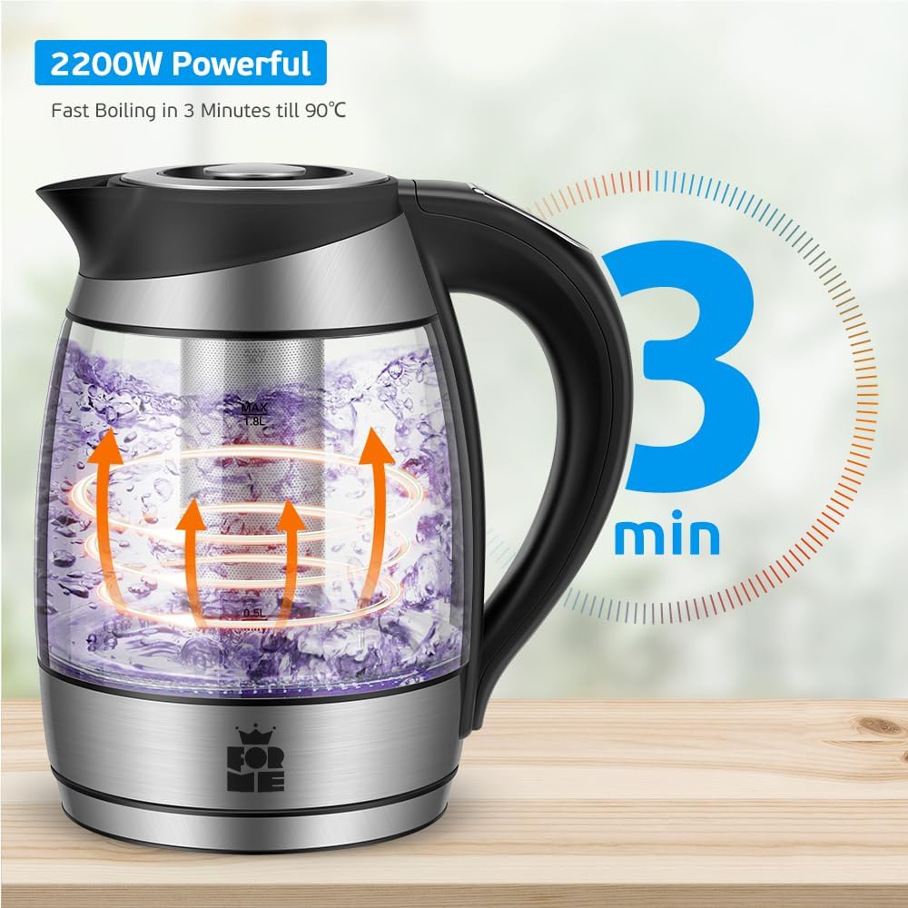 Forme Glass Kettle with Temperature Setting 40-100 &deg;C 1.8 L I 2200 Watt I 7 Colour Change LED I Digital Temperature Display I Keep Warm Function I Boil Dry Protection BPA Free