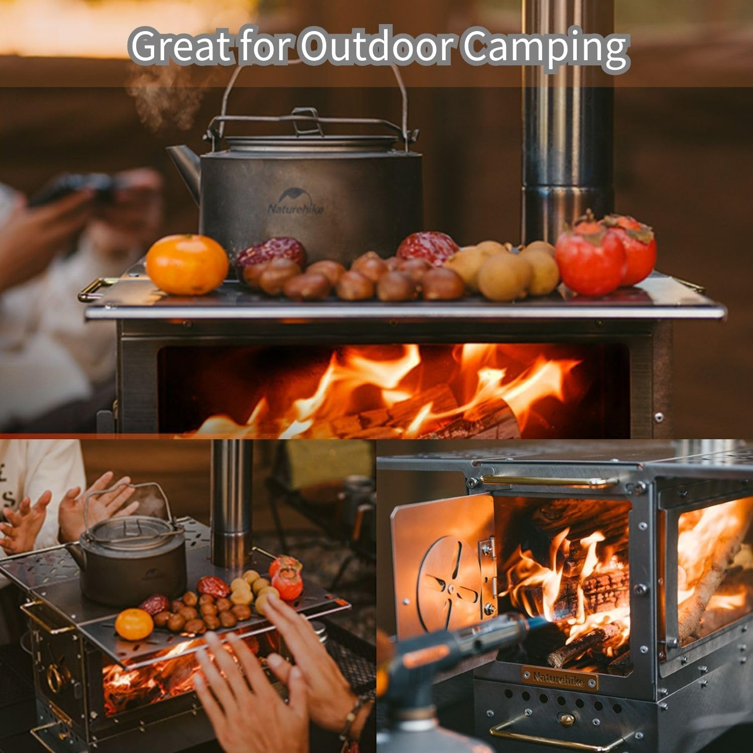 Naturehike 201 Stainless Steel Portable Outdoor Wood Burning Stove, 17.85Lbs Heater Burner with Fireproof Glass Window, Outdoor Camping Stove Oven for Back Packing, Fishing, Hiking, Picnic BBQ, Gray image number 5