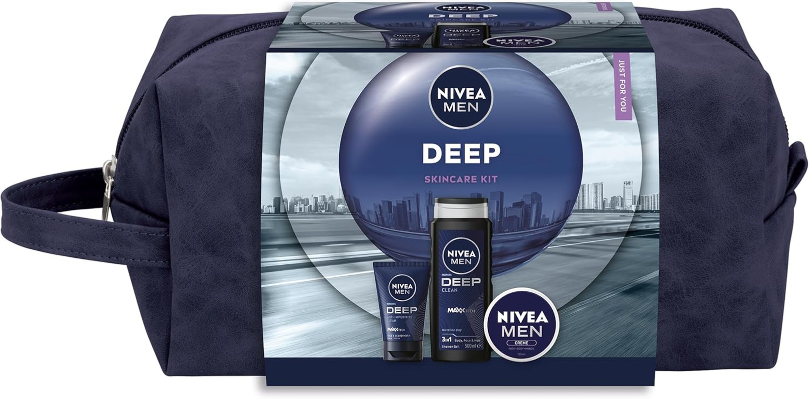 NIVEA MEN Deep Skincare Gift Set (3 Piece) | Includes: Shower Gel, Face Wash & Multipurpose Cream| Includes Bonus Wash Bag | Face & Body Care Essentials for Men | Hydrating Skin Care Routine
