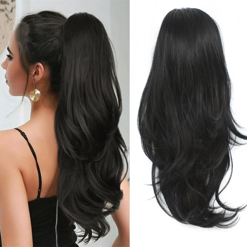 Ponytail Extensions Natural Black Drawstring Ponytails Hair Extensions 20Inch Wavy High Layered Pony Tail Hair Pieces for Women Soft Hair Ponytail Extension image number 6