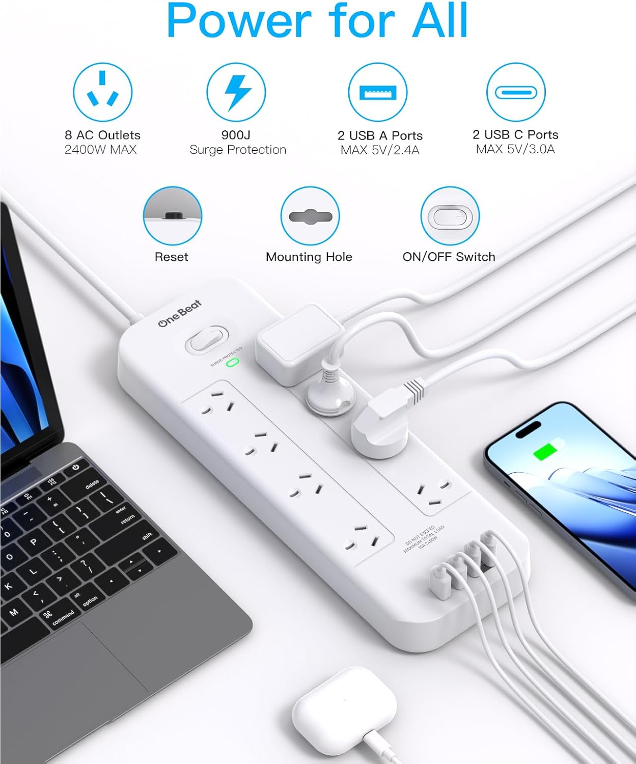 Power Board Surge Protected, 8 Widely Outlets with 4 USB Ports(2 USB a 2 USB C Charging Port), USB Power Board with 2M Extension Cord, 900J Surge Protection, Flat Plug, Wall Mount for Home Office image number 3