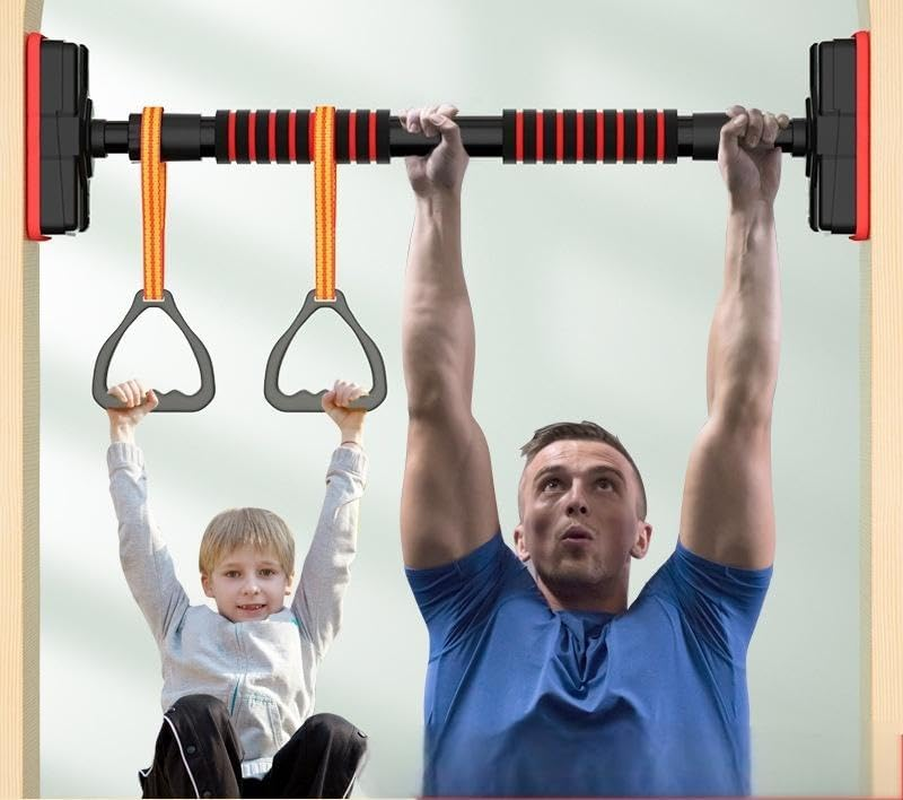 Doorway Pull up Bar with Rings, Pull up Bar for Doorway, Strength Training Chin up Bar without Screws, Adjustable Width Locking Mechanism Pullup Bar with Non-Slip, Doorway Pull up Bar for Home Gym Upper Body Workout