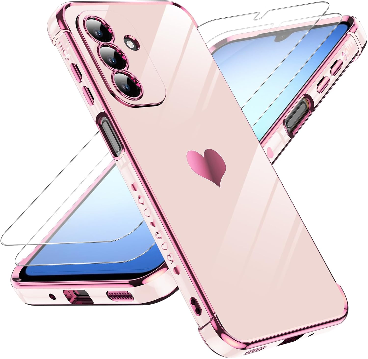 Leyi for Samsung Galaxy A17 5G Case: with Tempered Glass Screen Protector [2 Pcs]+ Full Camera Lens Protection,Love Heart Plating Girly Women Luxury Soft TPU Shockproof Case for a 17 5G,Pink image number 2
