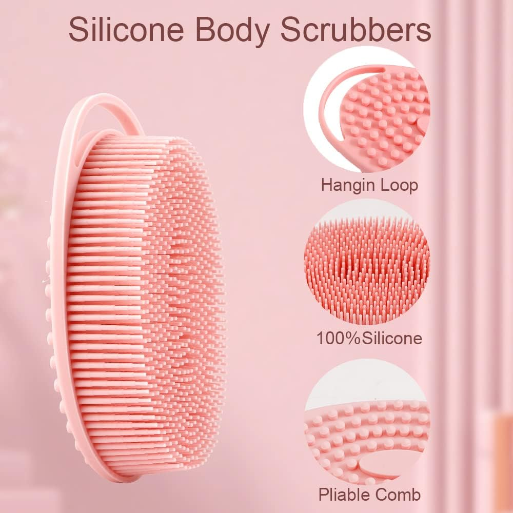 Soft Silicone Body Scrubber 2 PCS Silicone Body Shower, Silicone Loofah 2 in 1 Bath and Shampoo Brush, Body Scrubber Shower Cleaning Exfoliating Use for Sensitive Skin, Lather Well(Pink and Blue) image number 1