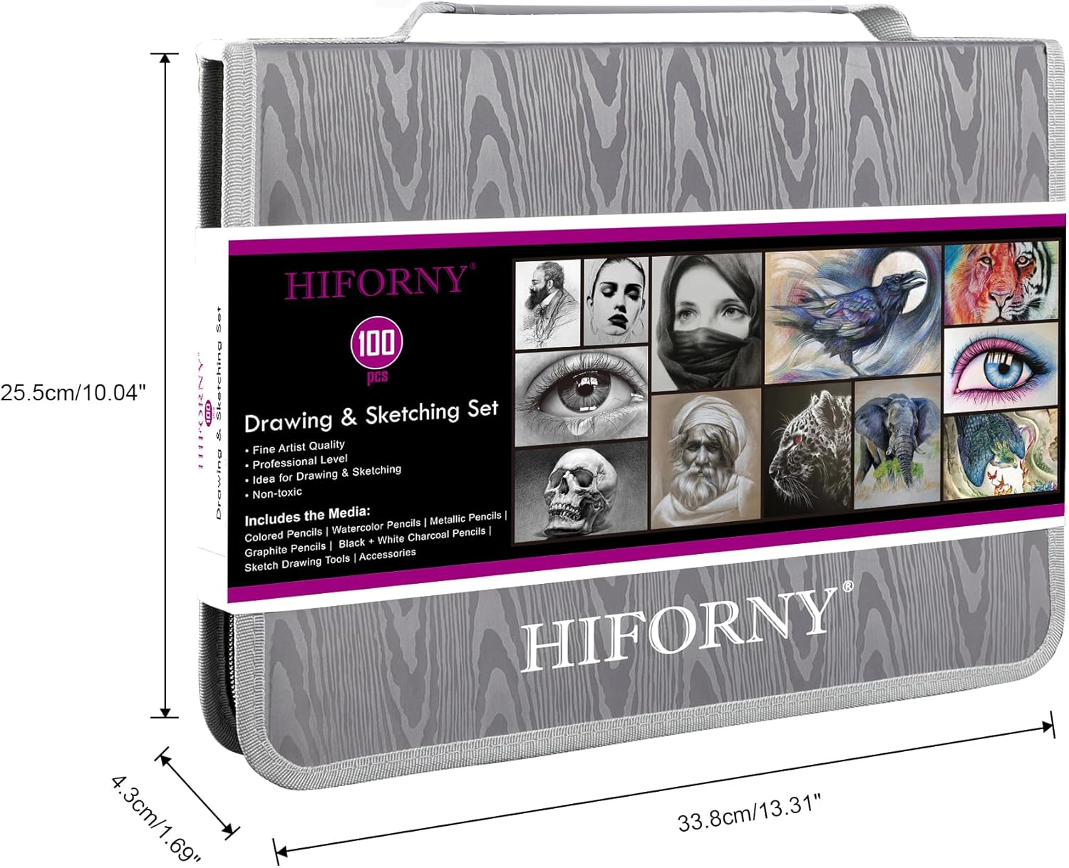 HIFORNY 100 PCS Drawing & Sketching Set, Professional Art Supplies with Graphite,Charcoal, Colored,Watercolor,Metallic Pencils,Blending Tools,Sketchbook and Coloring Book in Zipper Case (Grey) image number 2