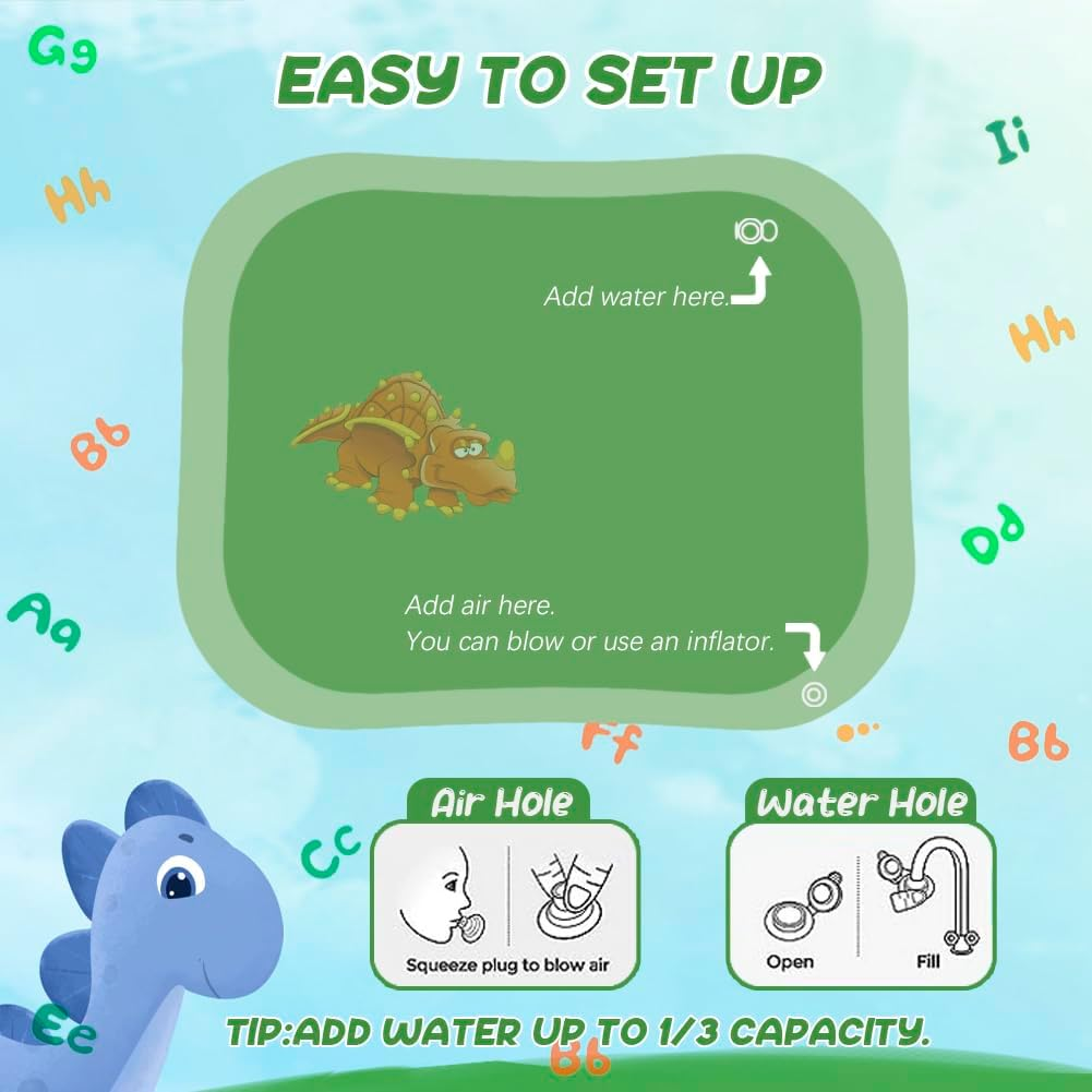 Large Tummy Time Water Mat,100 * 80Cm Inflatable Water Mat,Dinosaur&Letters Water Play Mat,Baby Toys for Toddlers 0 1 2 3 image number 5