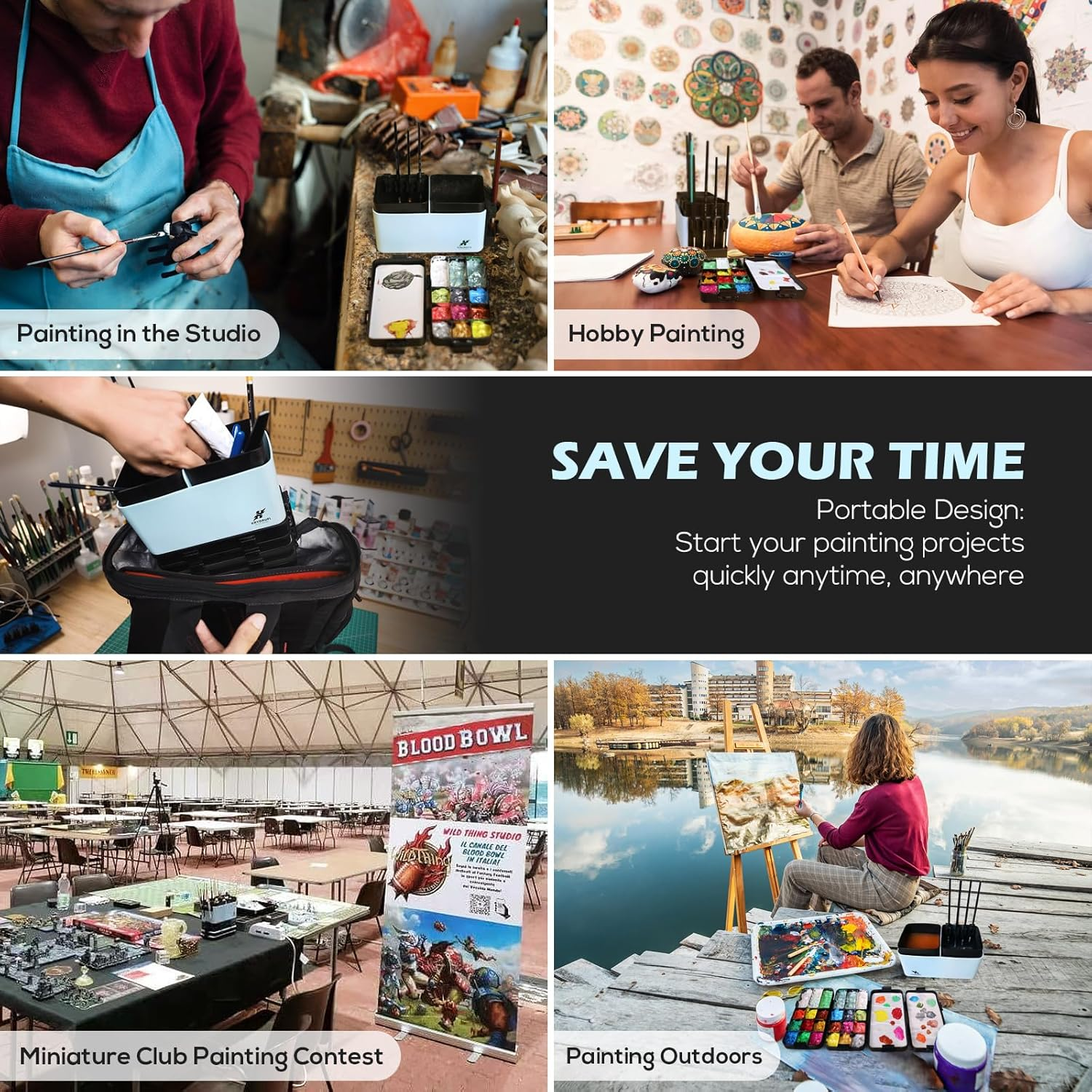 KRYDRUFI Portable All-In-One Modular Painting Station with Paint Brush Cleaner and Holders,Wet Paint Palette Tray with Lid for Miniature Painting and Acrylic (Blue Black, Standard) image number 7