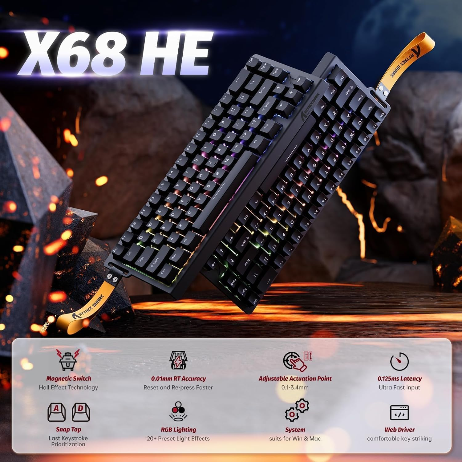 Attack Shark X68 HE Gaming Keyboard & R1 Mouse Combo,8Khz Magnetic Switch Keyboard, 16.8M RGB, Custom Actuation, 55G Ultra-Light Mouse with 18,000 DPI & Tri-Mode Connectivity for Esport Gamer-Black image number 5