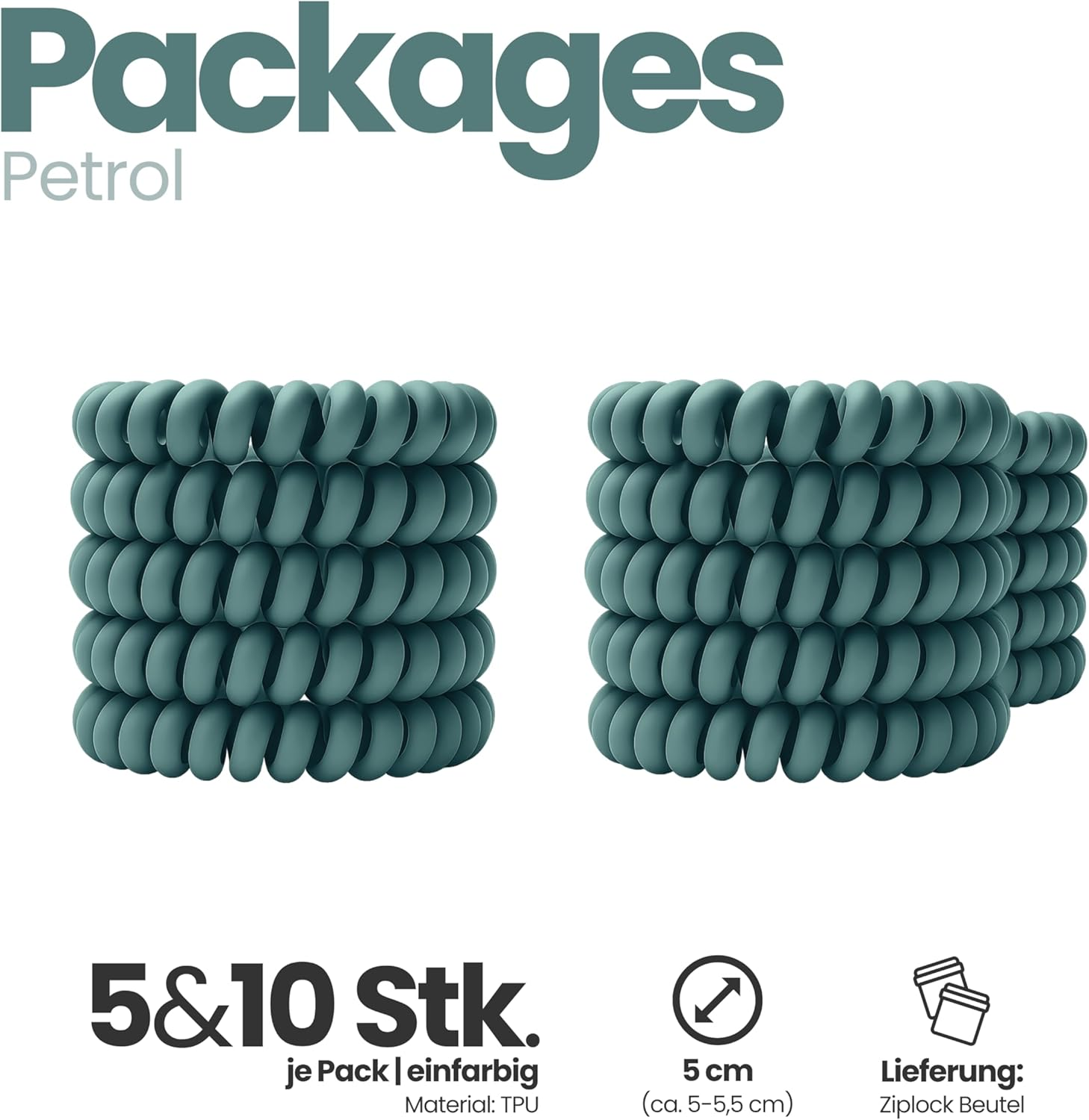 Specora Spiral Hair Scrunchies Petrol Pack of 10-5 Cm - TPU - Telephone Cable Scrunchie - No Pulling & Tangling - Elastic, No Imprint, Gentle on Hair image number 3