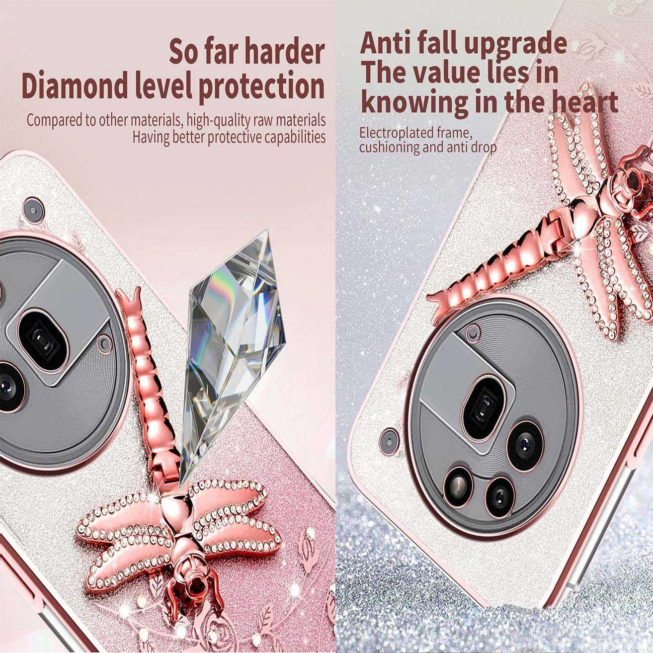 YUEQIAN Transparent Glitter Case for Nothing Phone (3A) Pro, Ultra Thin Glitter Bling TPU Shockproof Mobile Phone Case, Shiny Flowers Dragonfly Stand Girl Protective Case Purple image number 1