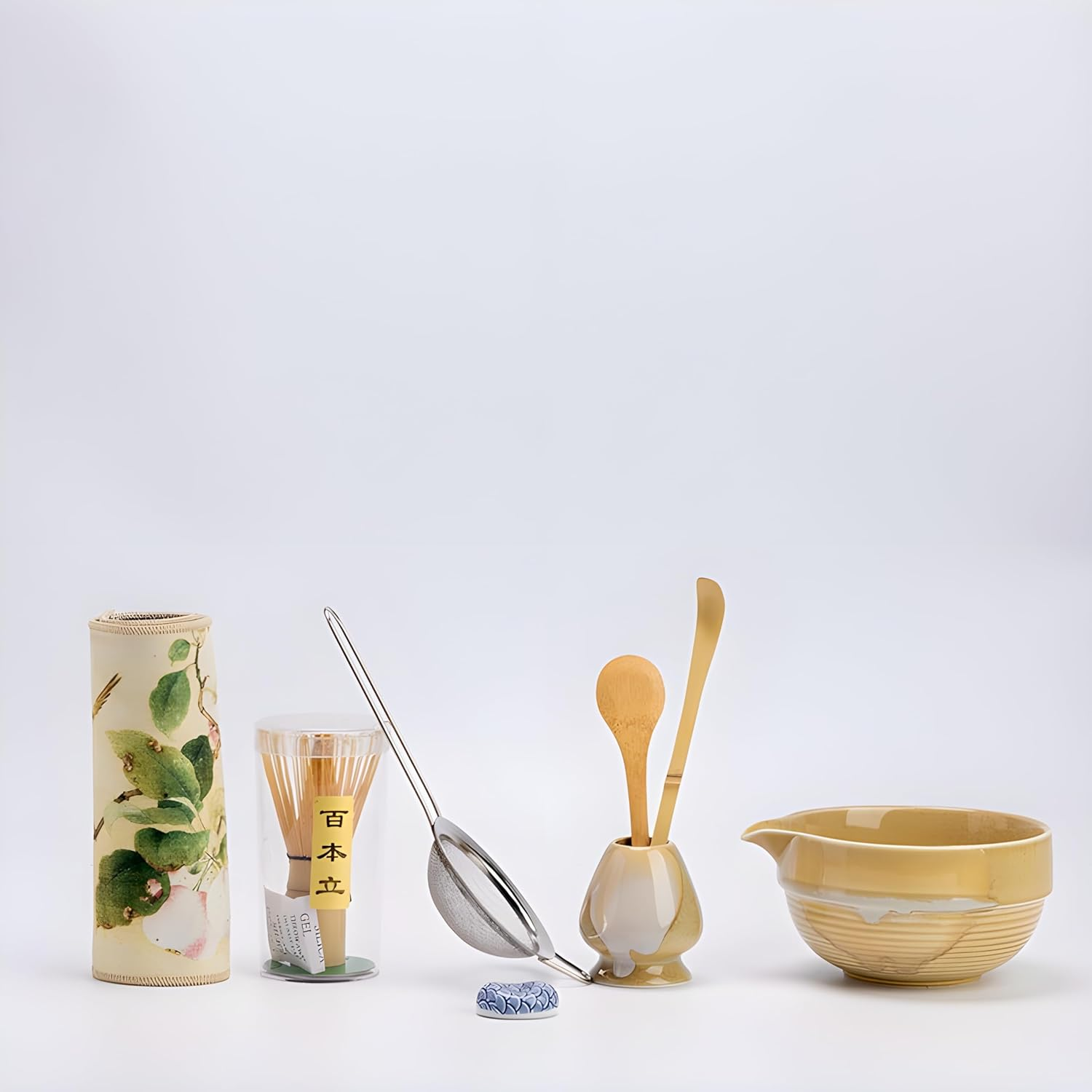 Matcha Whisk Set &ndash; 9 Pieces Including Gift Box &ndash; Japanese Ceremonial Green Tea Kit with Bamboo Whisk, Chasen Holder, Scoop, Sifter, Spoon, Cloth Wrap & Ceramic Bowl &ndash; Complete Matcha Set