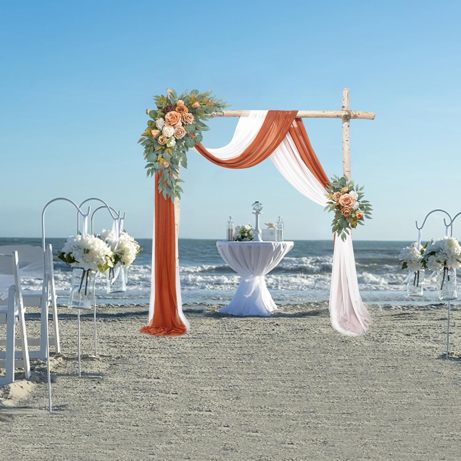 YALLOVE Wedding Arch Draping Fabric, 2 Panel 30" X 236" Drapes Sheer Backdrop Curtain for Ceremony Party Ceiling Decor (White, Terracotta) image number 2