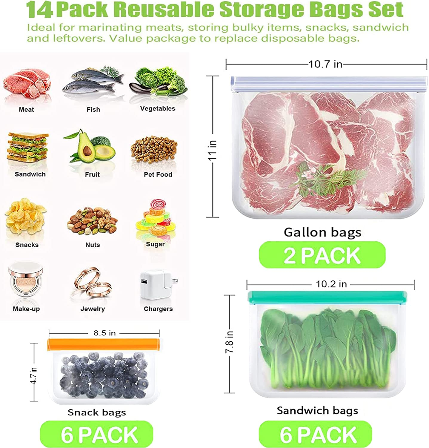 Reusable Ziplock Bags Silicone,14 Pack Reusable Freezer Bags, Food Storage Bags with 2Gallon Bags,6 Sandwich Bags and 6 Food Grade Snack Bags for Kids, for Meat, Fruit,Veggies image number 5