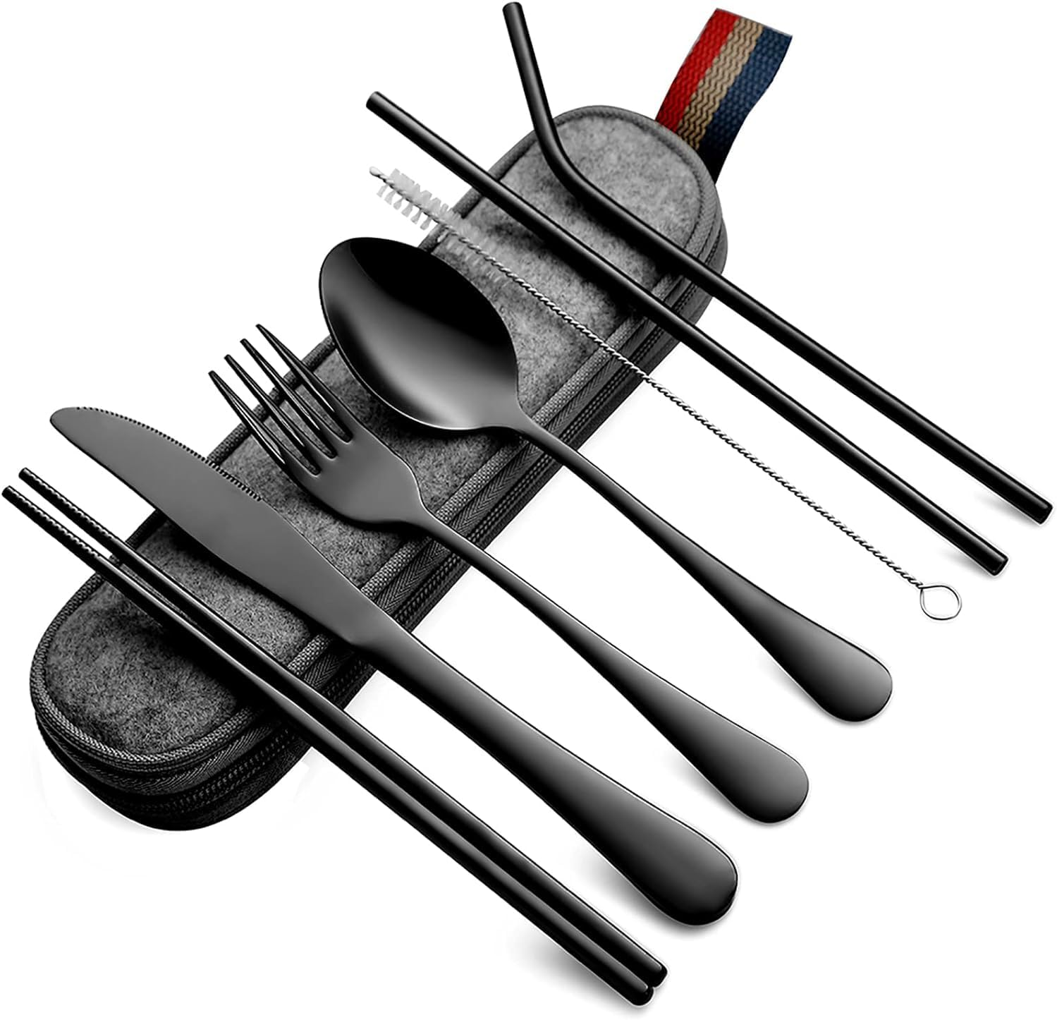 MKUCCD Travel Utensils with Case, Portable Travel Utensils Cutlery Set Stainless Steel Flatware Set for Camping 7Pcs Including Dinner Knife Fork Spoon Chopsticks (Black)