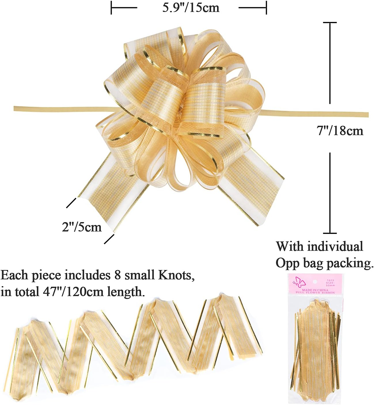 20 PCS Large Pull Bow Gift Wrapping Bows, Pull Bow with Ribbon for Wedding Gift Baskets, Party Gift Wrap Bows, Presents Decorating Bows (Gold) image number 6