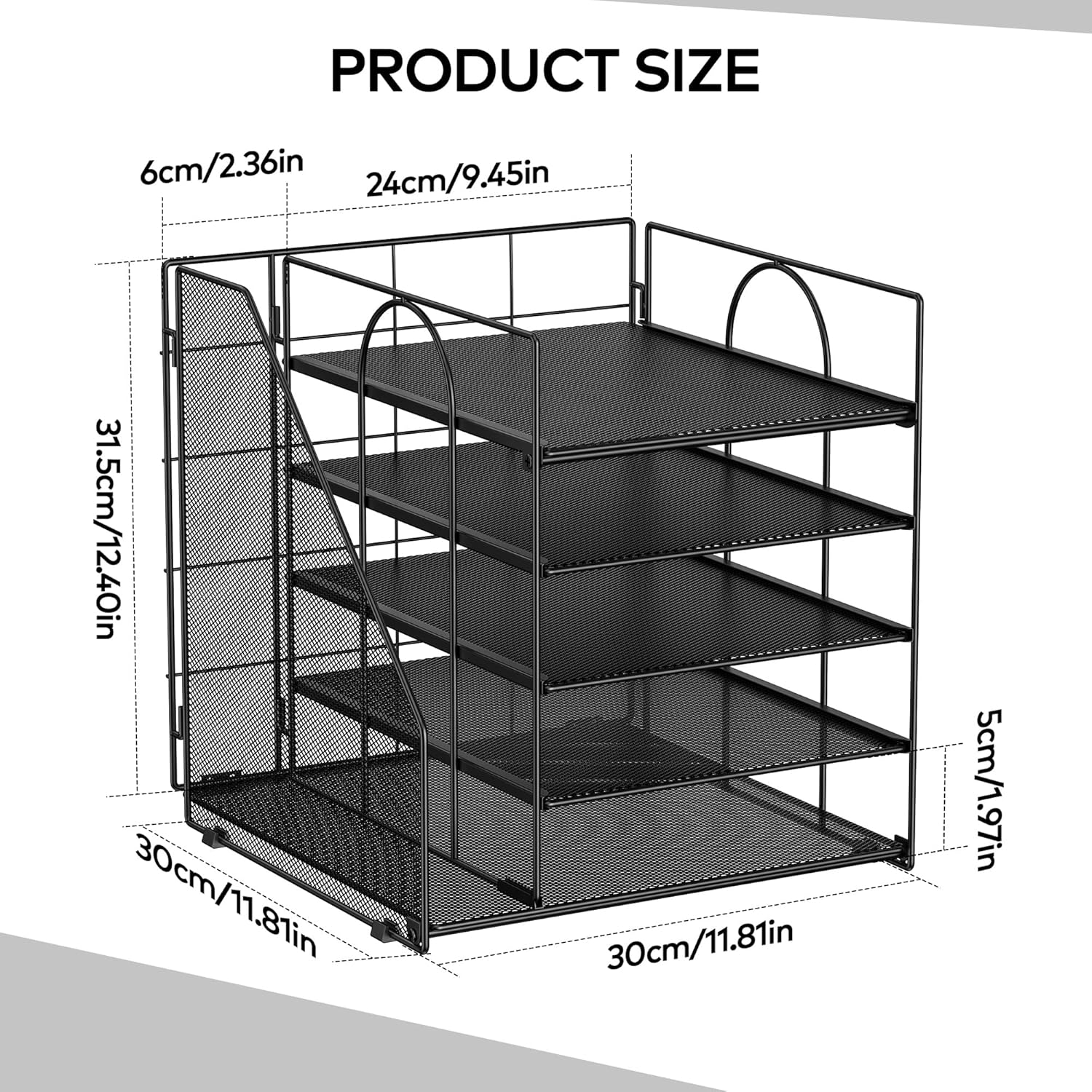 Auvo ADO04 Metal Mesh Desk Organizer, 5-Tier Paper Letter Tray with File Holder, Vertical Magazine/File Holder, Desktop Organizer for Office Supplies, Black image number 2