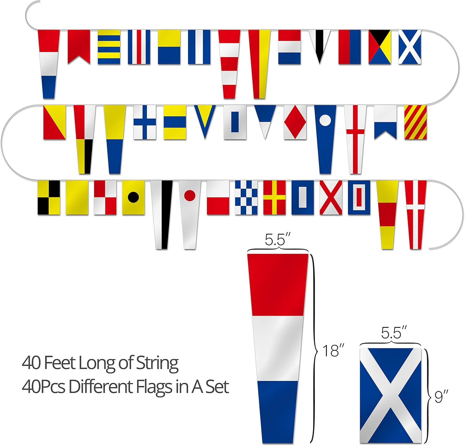 Anley International Maritime Signal Code String Flags Set of 40 Flags - 40 Ft Long Naval Themed Decoration Pennant Banners for Home/Boat/Ship/Vessel - Individual Flag of 5.5"X18" or 5.5"X9" - 40 Feet image number 5