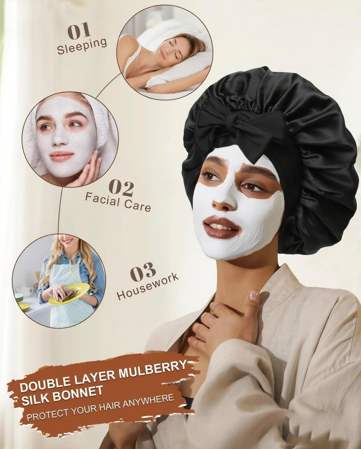 100% Silk Bonnet for Sleeping, Double Layer 22 Momme Mulberry Silk Hair Bonnets, Silky Wrap with Soft Tie Band Sleep Caps for Women (Black)