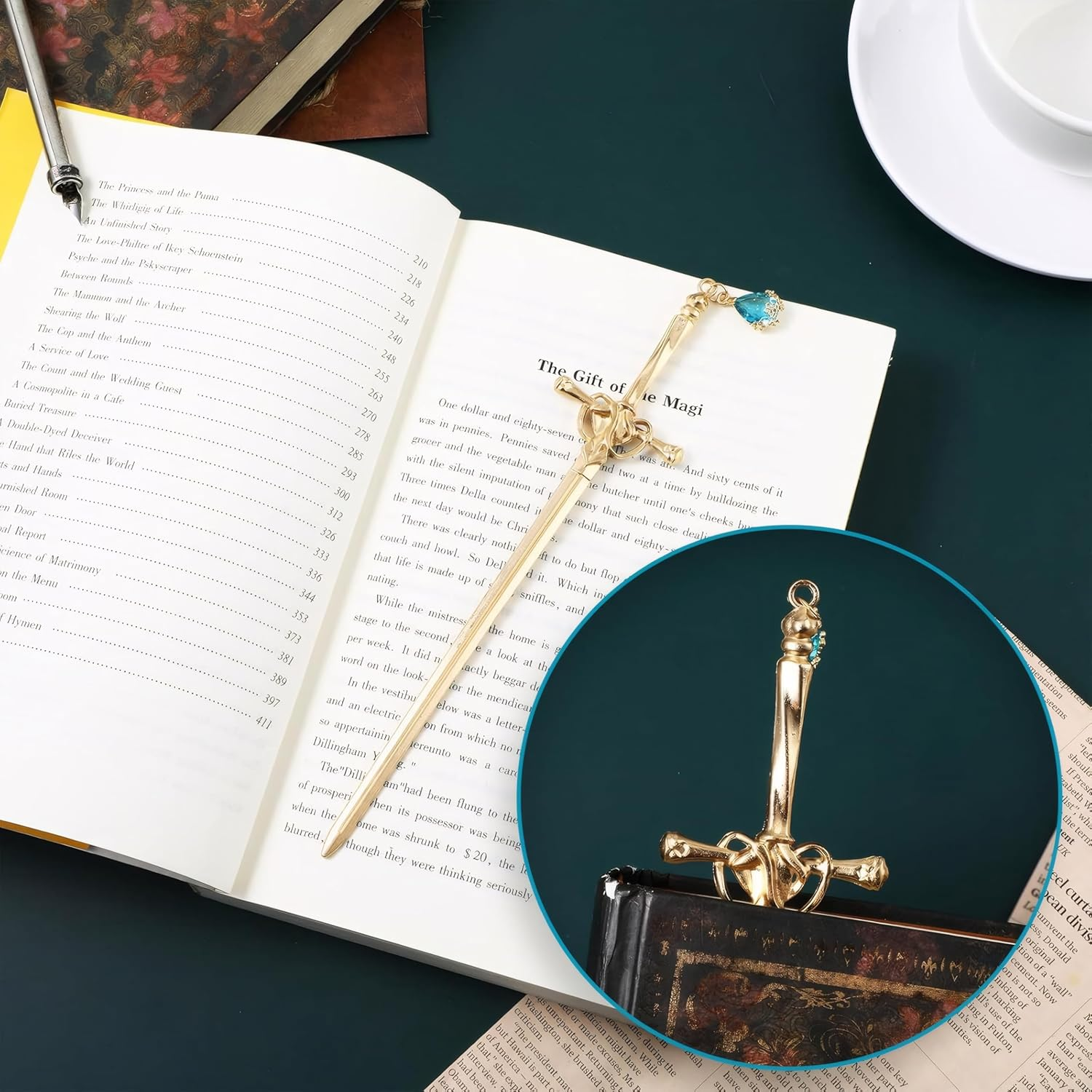 Metal Sword Bookmarks - Premium Stainless Steel Bookmark with Glass Pendant, Vintage Dual-Tone Gift Set (2 Pack) image number 1