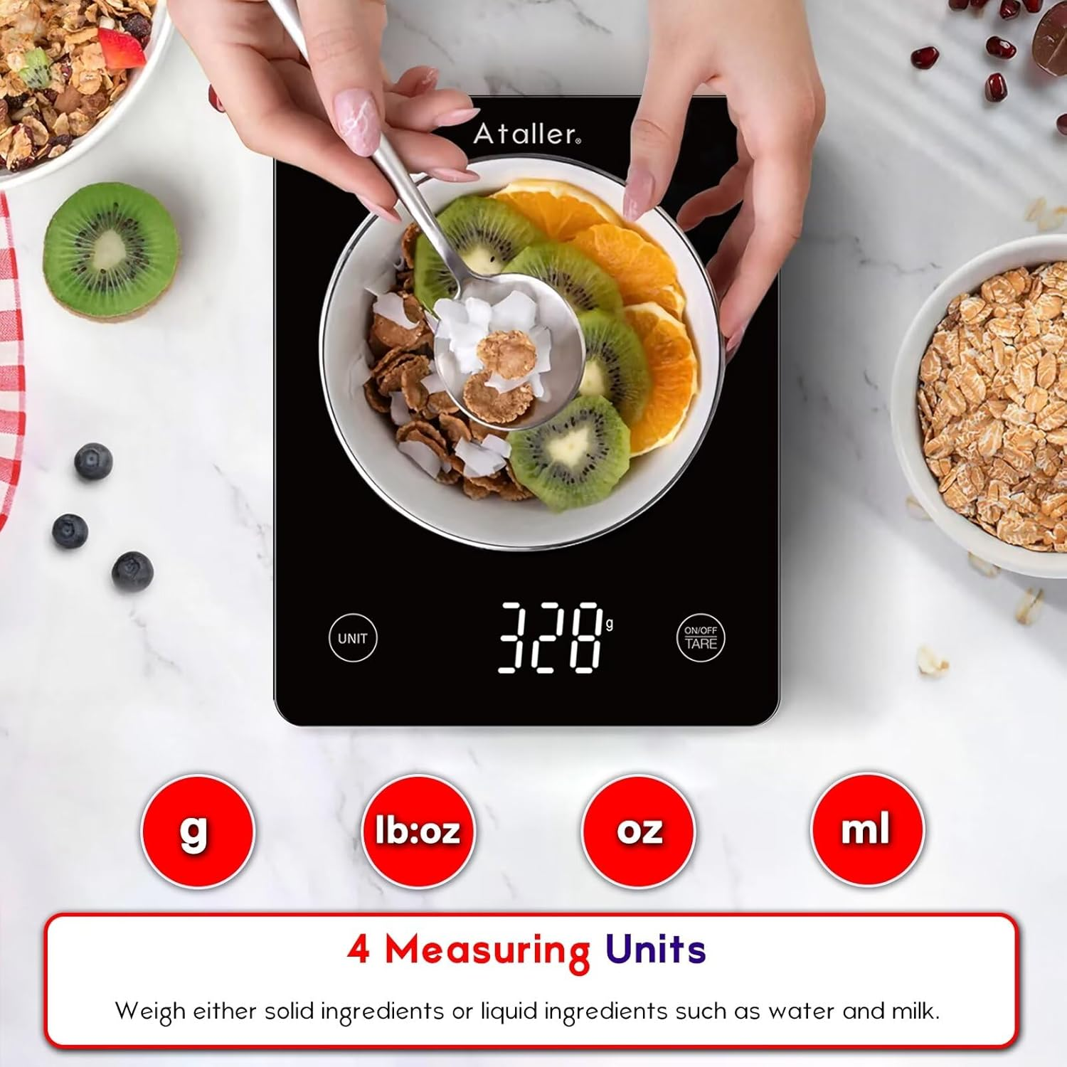 Ataller Digital Food Scale, Tempered Glass Panel, 10Kg/22Lb Capacity, Kitchen Weighing Scales with LED Display and 1G Increments for Baking, Cooking, Keto and Meal Prep, Black image number 3