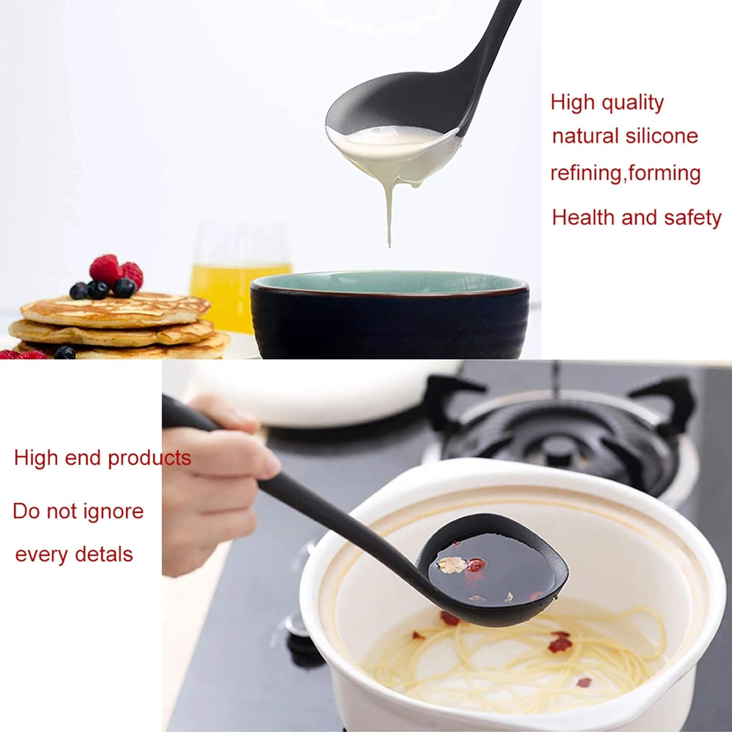 Silicone Ladle Soup Spoon Set of 2, Nonstick Heat Resistant Long Handle Unbreakable Big round Scoop for Home Kitchen Cooking,Red and Black image number 1