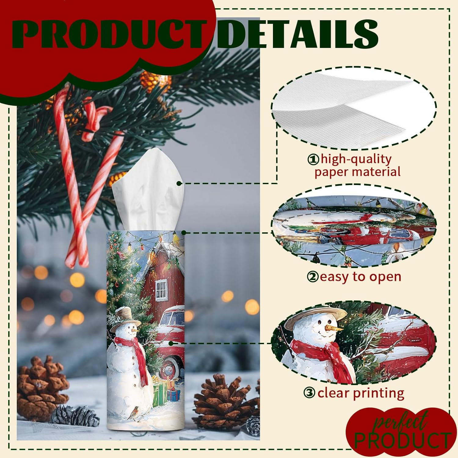 4 Pcs Christmas Car Tissue Holders with Facial Tissues, round Boxes with Festive Santa, Cardinal, Horse, and Snowman Designs, Winter Holiday Essentials for Car, Home, and Office - Style C image number 7