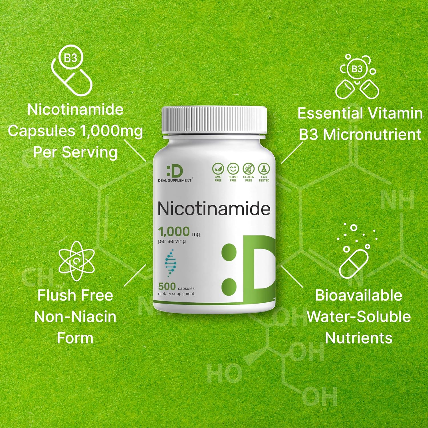 Vitamin B3 Nicotinamide 1,000Mg per Serving &ndash; 500 Capsules, Flush Free Niacin, Essential B3 &ndash; Supports Healthy Skin & Energy Production &ndash; Non-Gmo
