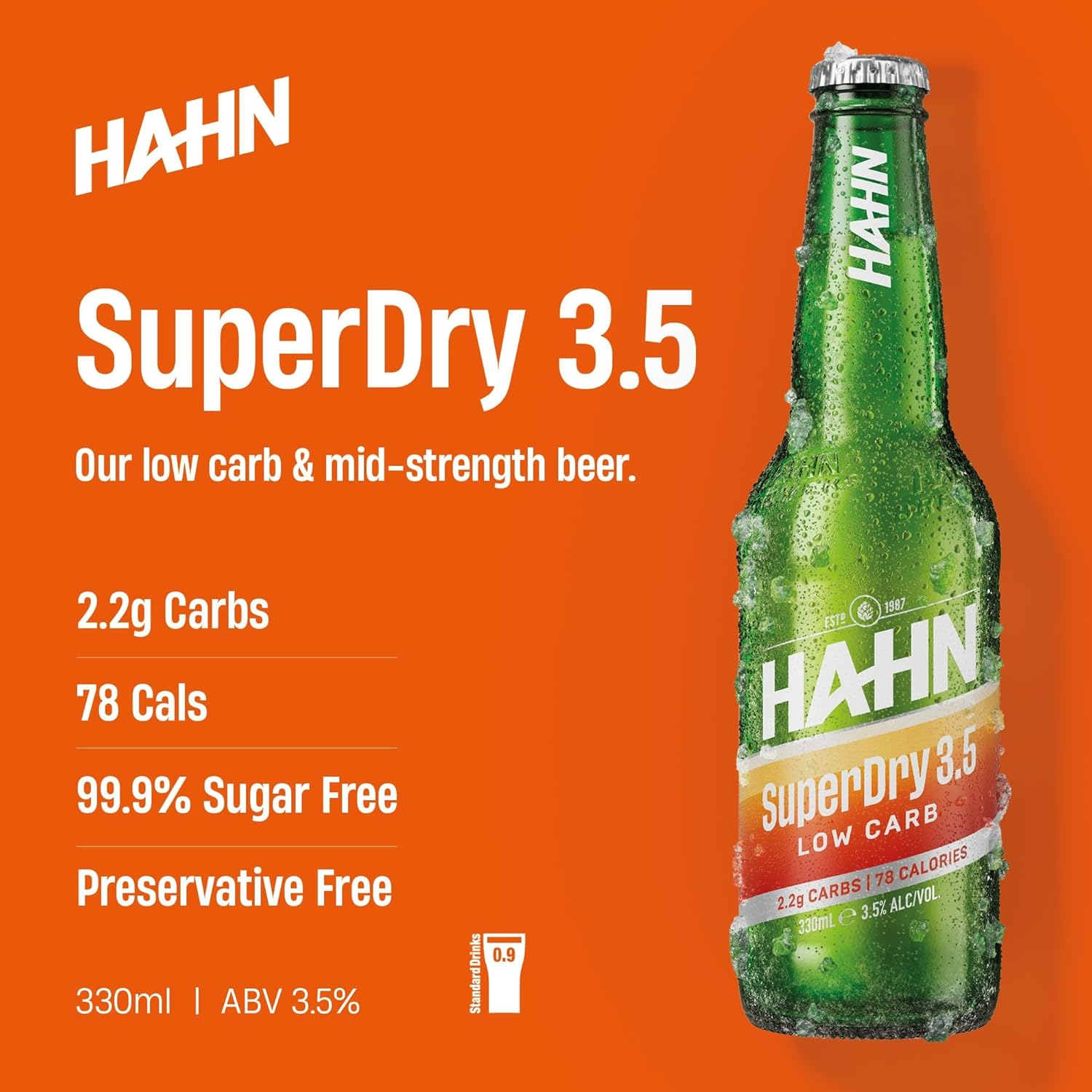 Hahn Superdry 3.5 Mid Strength Australian Lager Beer 3.5% ABV 24 Pack X 330 Ml Bottle Case image number 1