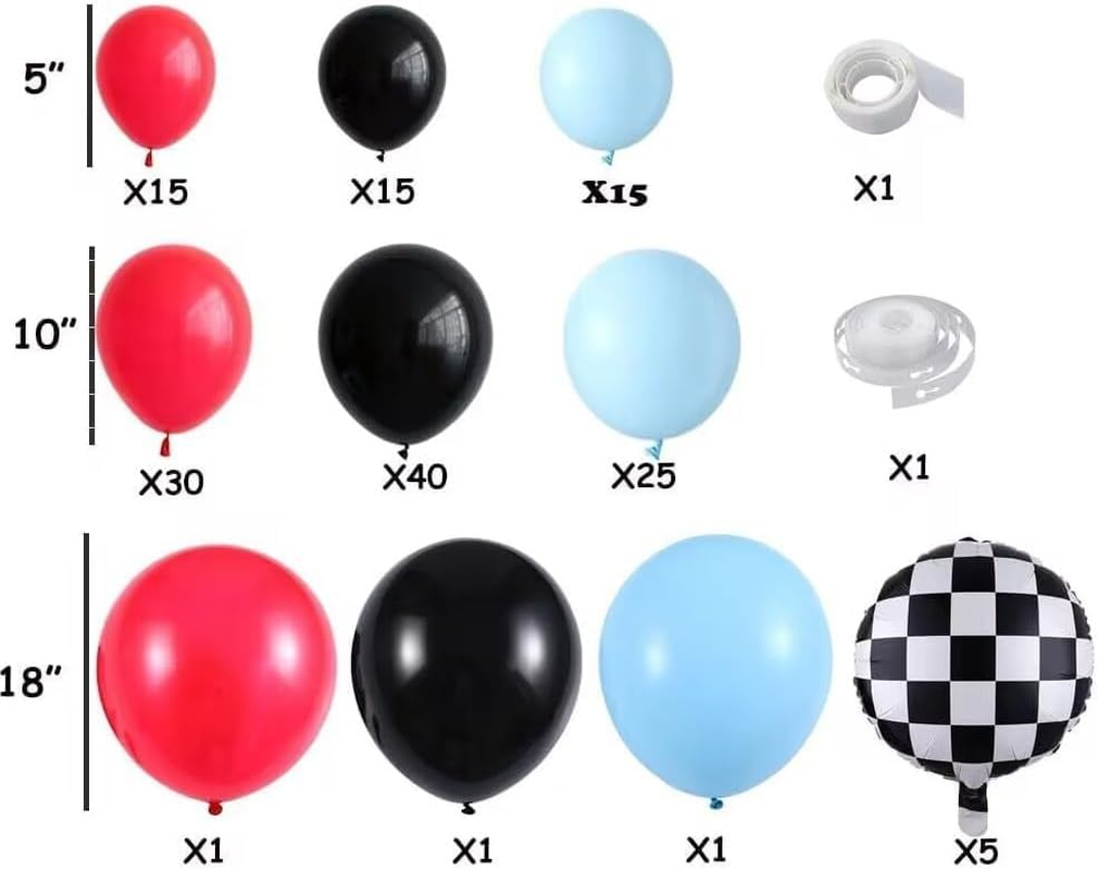 145 Pcs Racing Car Balloon Garland Racing Car Party Decorations Racing Car Balloon Black Red Balloon Garland Arch Kit Black Red Blue Balloons Checkered Balloons for Racing Car Party Supplies image number 1