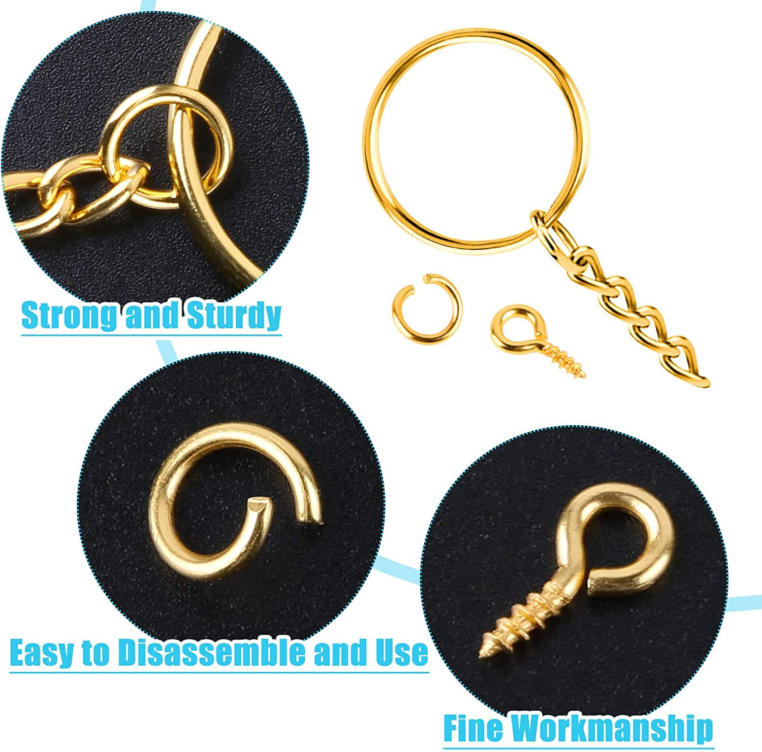 Keychain Rings Kit for Crafts Gold, PAXCOO Includes 100Pcs Split Key Ring with Chain, 100Pcs Jump Rings and 100Pcs Screw Eye Pins for Resin Keychain Making - Argent&eacute;e image number 7