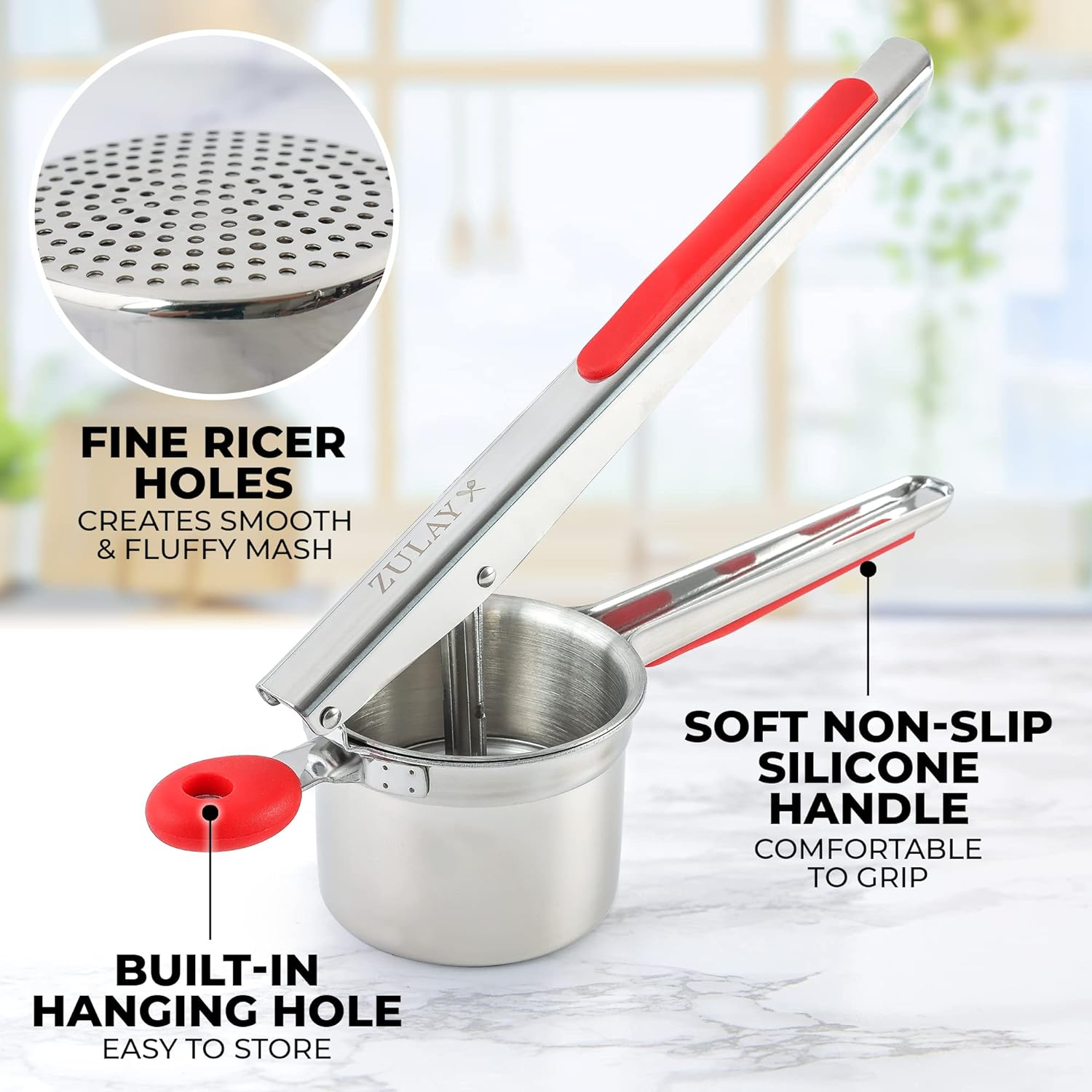 Zulay Kitchen Premium Large 15Oz Potato Ricer, Heavy Duty Professional Stainless Steel Potato Masher and Ricer Kitchen Tool, Press and Mash Kitchen Gadget - Red and Silver Fixed Disc