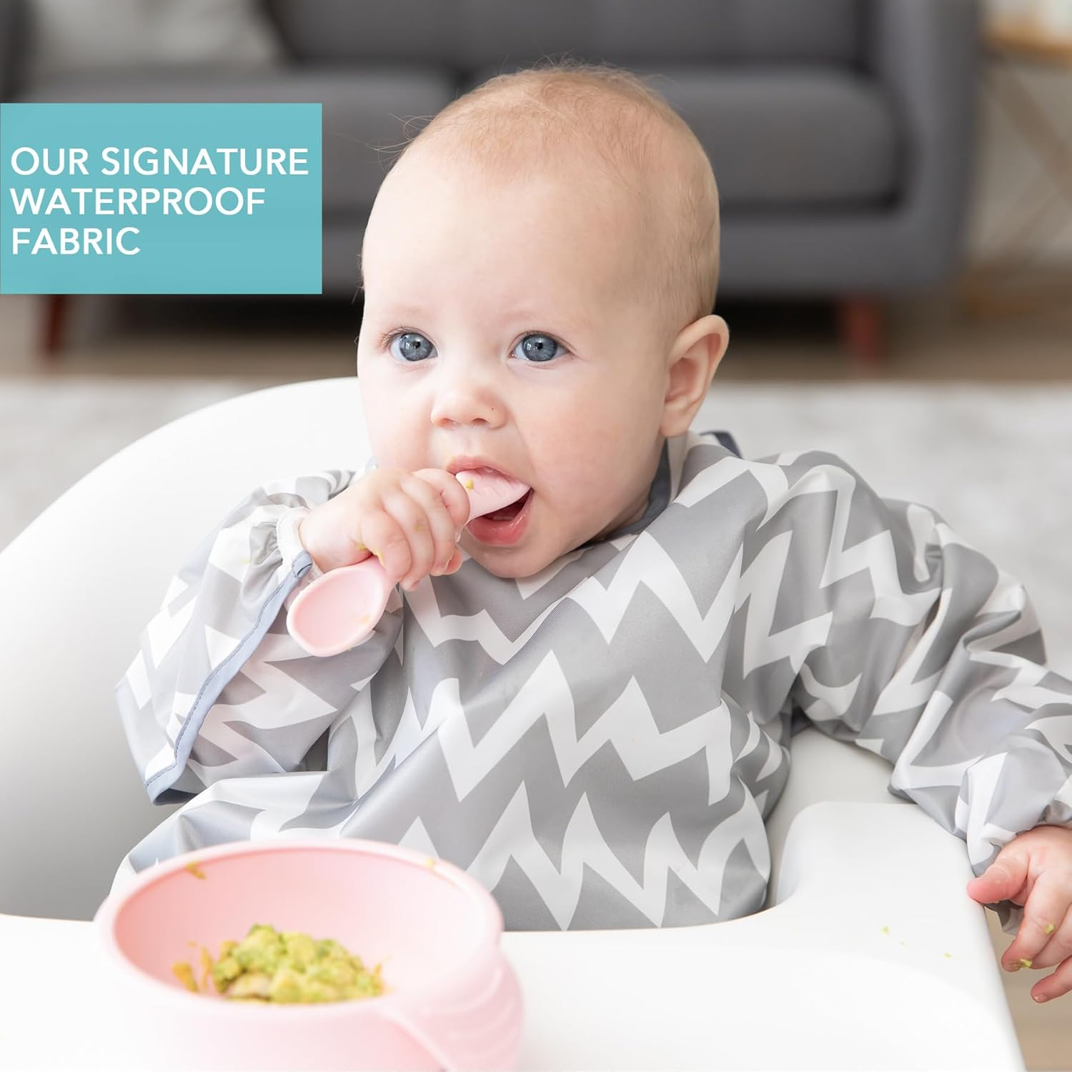 Bumkins Waterproof Sleeved Bib, Gray Chevron (6-24 Months) - Arrow image number 6