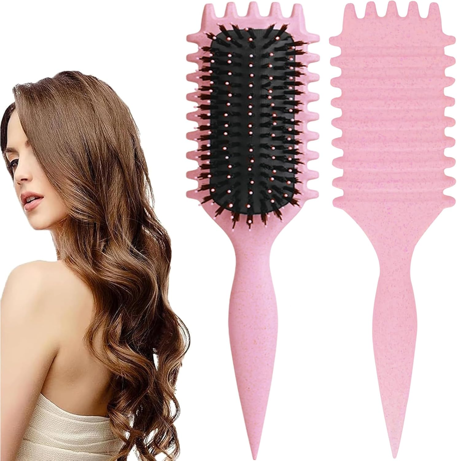 Curly Hair Brush: Bounce Hair Brush Less Pulling Styling Brush for Men and Women Boar Bristle Curl for Combing Detangling, Pink