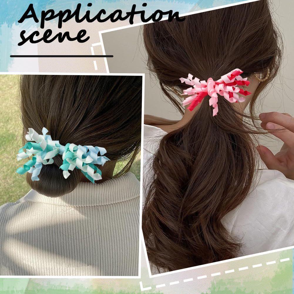 SOFPLATE Pack of 18 9 Colours Curling Bands Hair Bows Colourful Hair Bands Bows Rainbow Corker Elastic Polyester Bow Boutique Curls Ponytail Holder Accessories for Short Long Hairstyle DIY Decoration image number 1