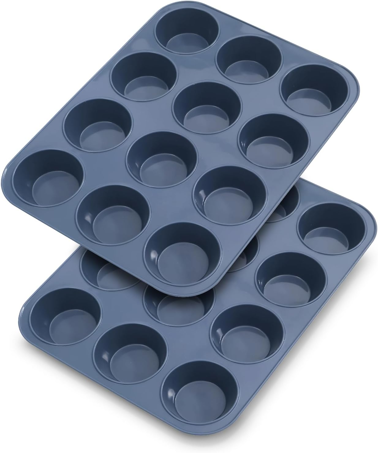2 Pack Large Silicone Muffin Baking Pan & Cupcake Tray 12 Cup - Nonstick Cake Molds/Tin, Silicon Bakeware, BPA Free, Dishwasher & Microwave Safe by Folksy Super Kitchen (Grey) image number 2