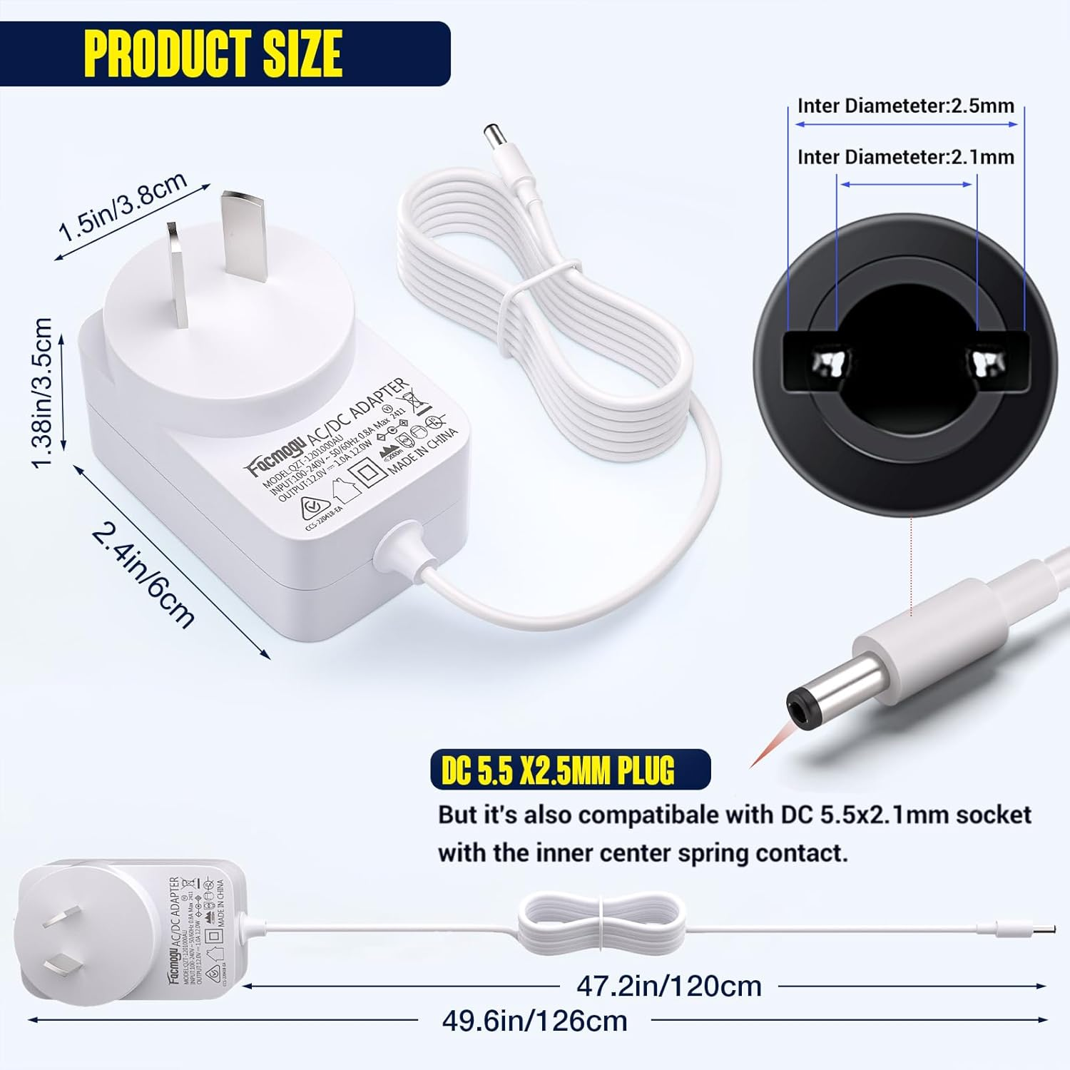 Facmogu 2Pack DC 12V 1A Power Supply 1000Ma 12W AC/DC Adapter, SAA EESS Certified 100~240V AC to DC 12 Volt 1 Amp Converter with 5.5 X 2.5Mm 2.1Mm Plug for LED Strip Light CCTV Security Camera - White image number 3