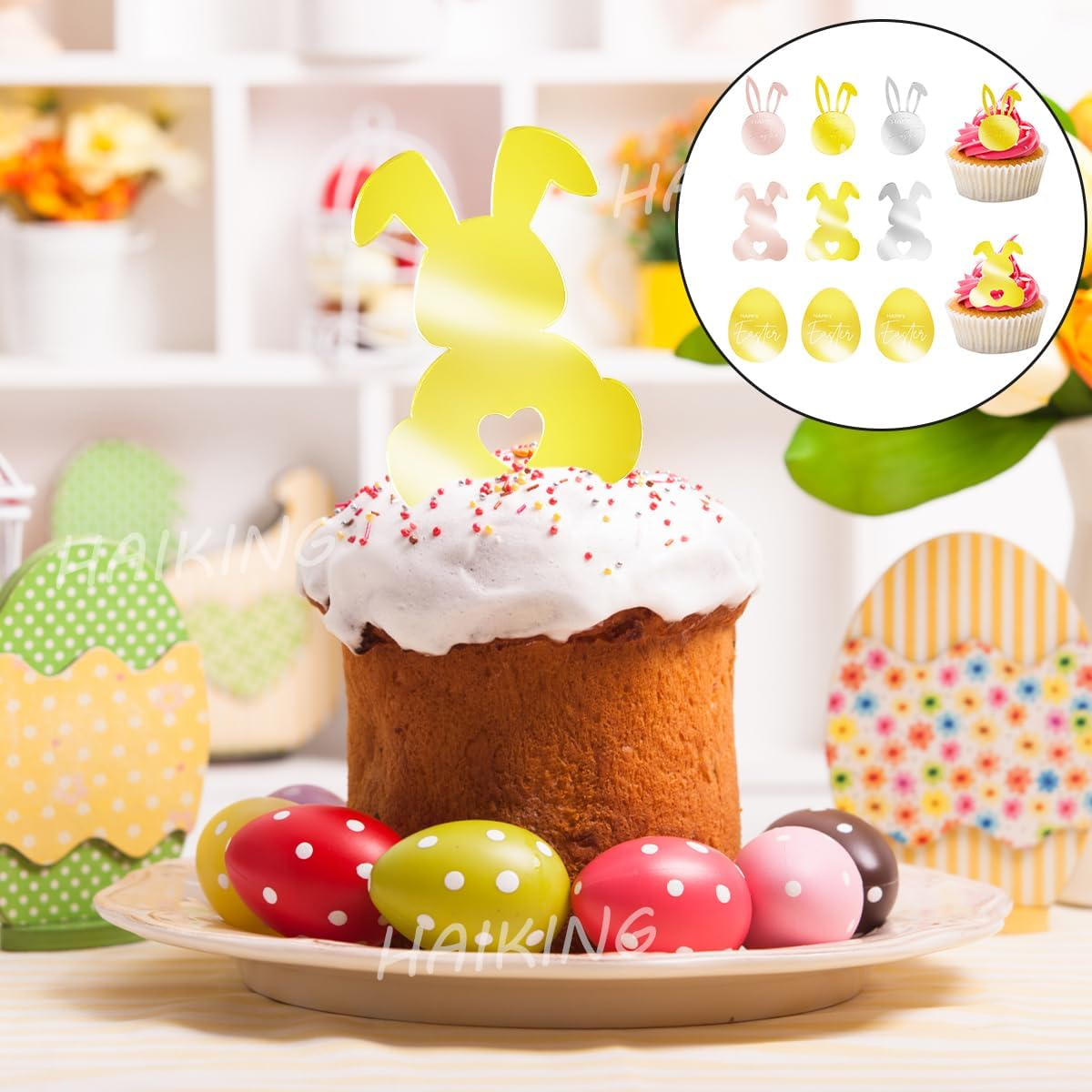 HAIKING Easter Cupcake Toppers, 9 PCS Plastic Mirror Engraved Cupcake Decorations for Easter Day, Party Supplies, DIY Craft (3 Styles) image number 2