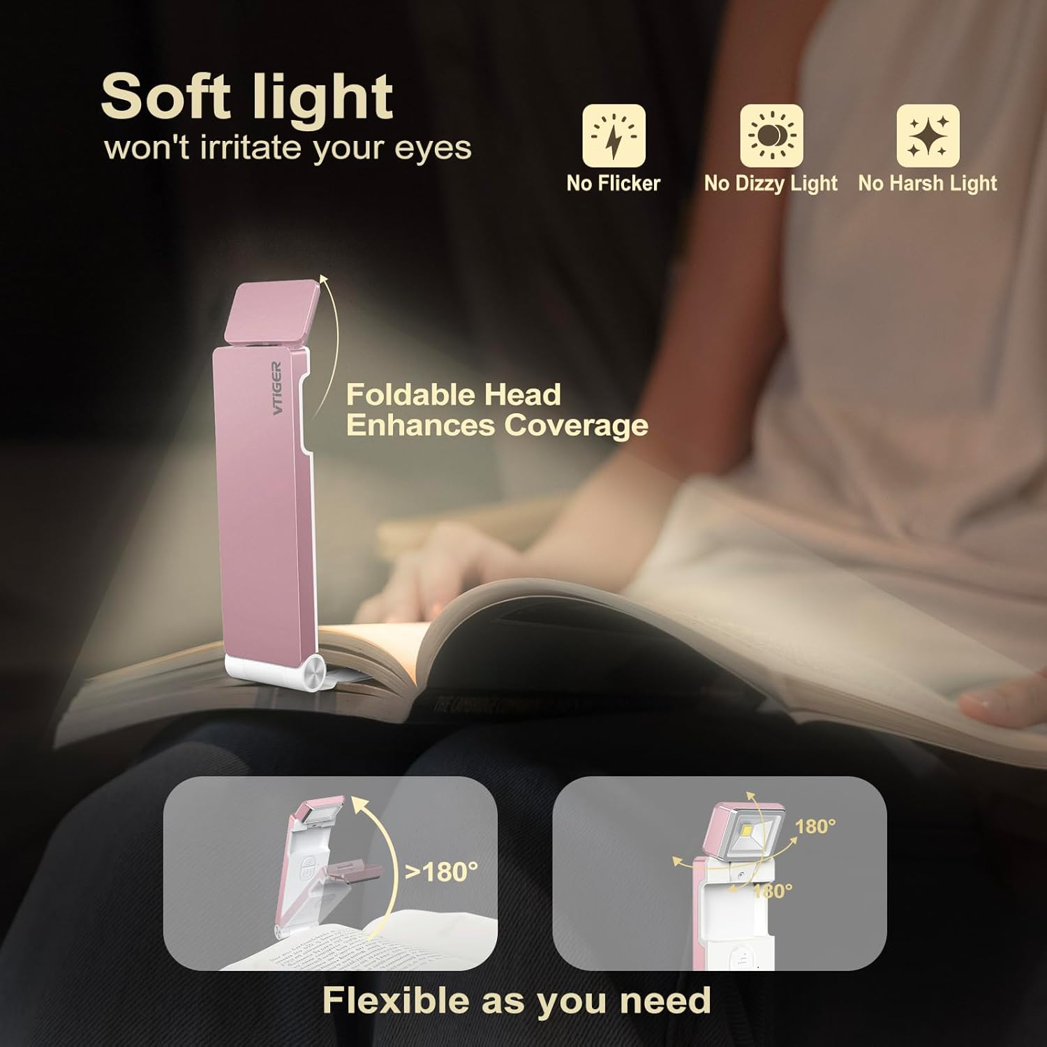 VTIGER Reading Light, USB Rechargeable Book Light for Reading in Bed,Foldable Clip-On LED Booklight, 3 Amber Colors & 4 Brightness Dimmable,Long Lasting Portable Bookmark Lamp for Book Lovers, Kids image number 6