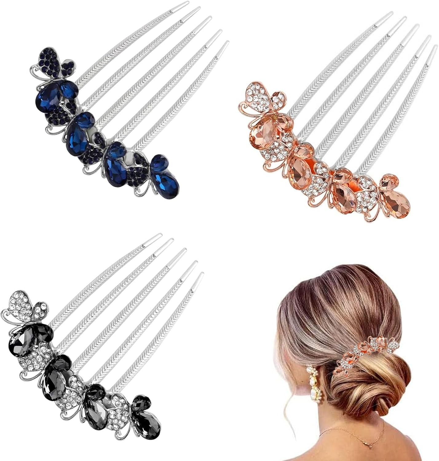DHWEKU Rhinestone Hair Comb Hair Accessories Comb 3 Pieces Butterflies and Flowers Hair Comb with Rhinestones, 3 Colours Bridal Hair Accessories Hair Side Comb for Women and Girls image number 3