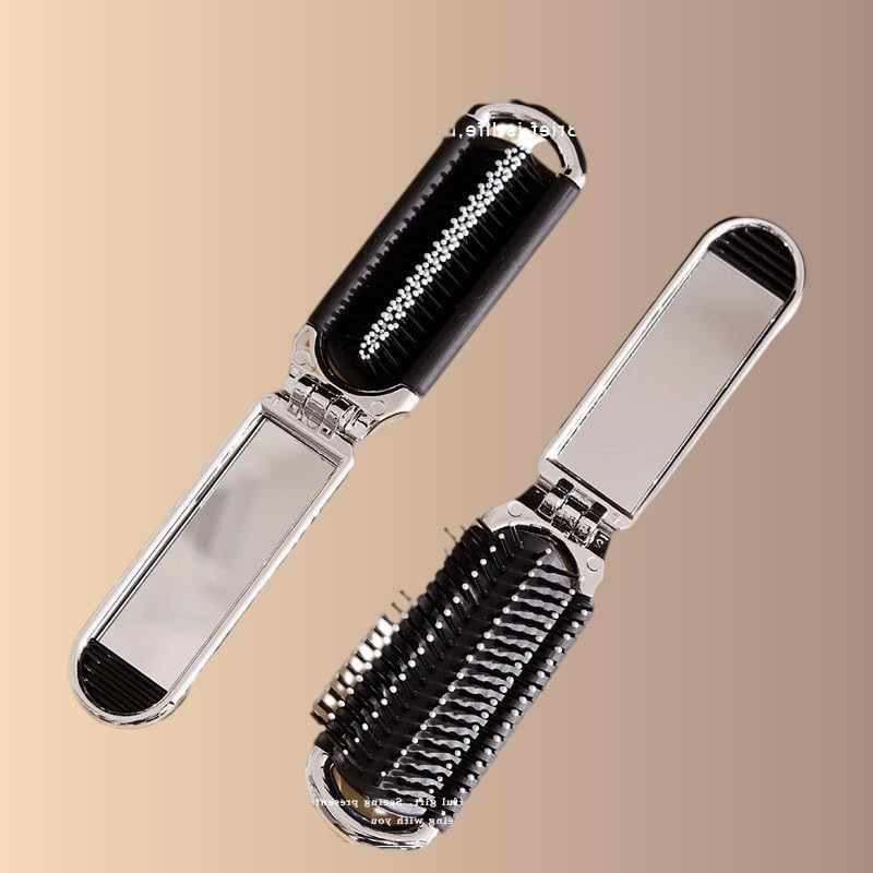 Travel Hair Brush with Mirror Folding Hair Massage Comb Compact Portable Hair Brush for Purse Wet & Dry Detangling (Style 1, One Size)