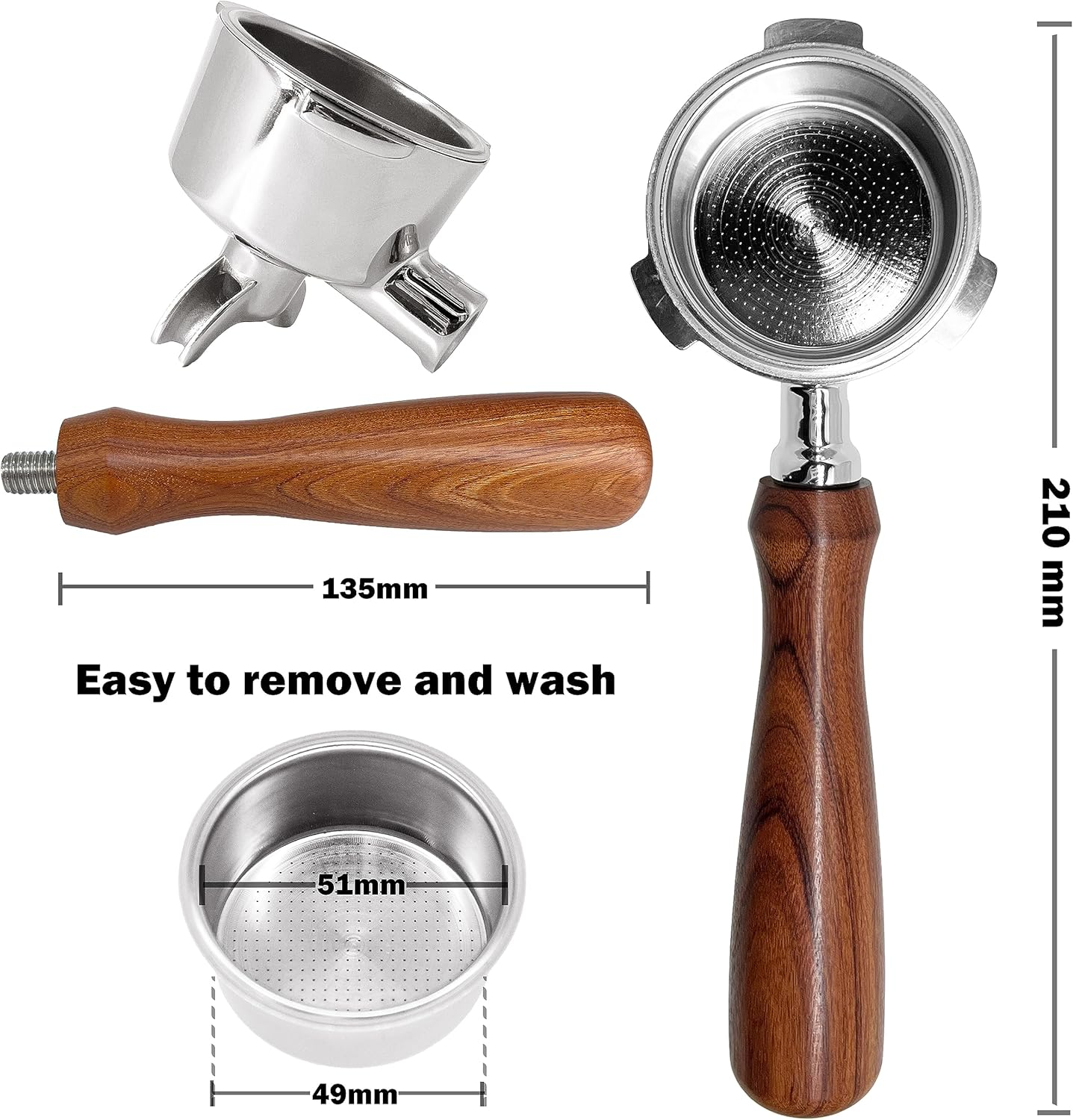 NEOUZA 51Mm 3-Ears Espresso Portafilter Compatible with Delonghi Dedica EC680 EC685 and Smeg ECF01 Coffee Machines &ndash; Double Spout Non-Pressurized Basket, 304 Stainless Steel, Rosewood Handle image number 1