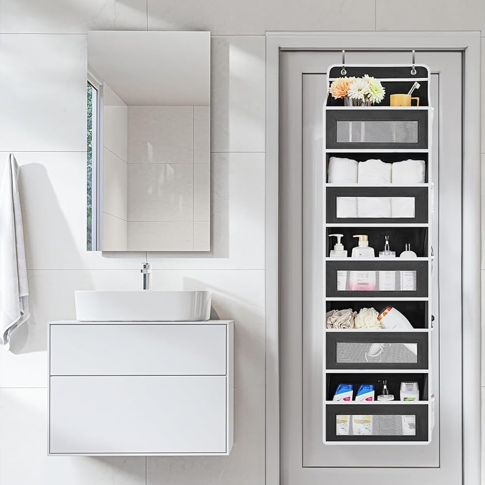 Over the Door Storage Organizer with 5 Large Pockets & 10 Mesh Side Pockets &ndash; Hanging Door Organizer for Bedroom, Bathroom, Nursery, Pantry, Dorm &ndash; 1 Pack (Black) image number 2